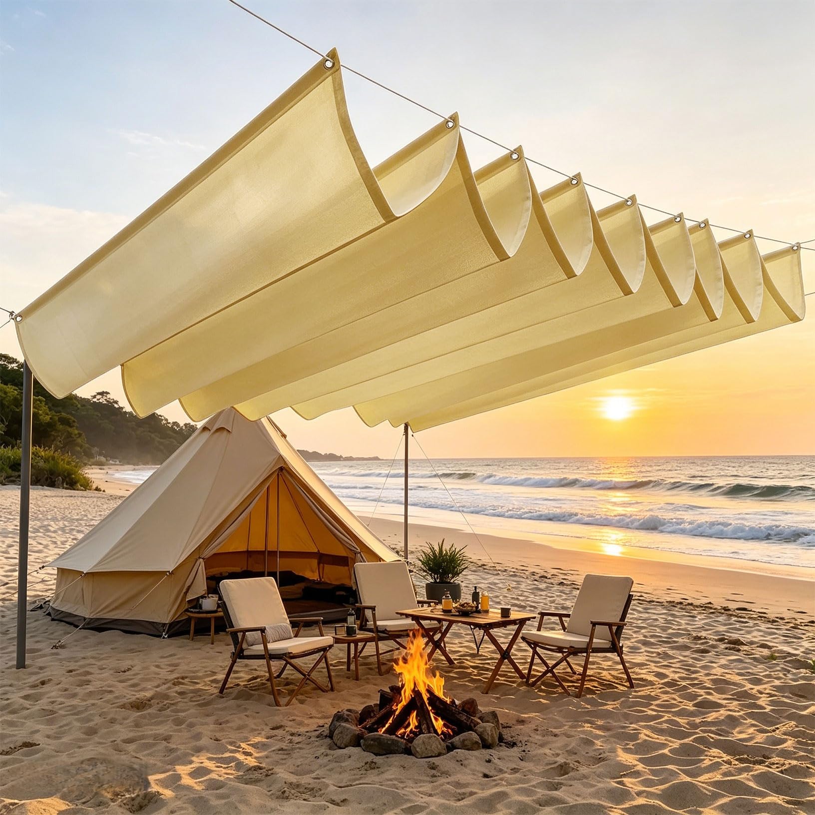 Einziehbares Sonnensegel 5 x 5 m Nach Maß Verstellbar 95% Uv-Schutz Wasserdicht Markisenstoff Inkl. Befestigungsseilen für Balkon Terrasse Garten Pool Camping, Sandgelb
