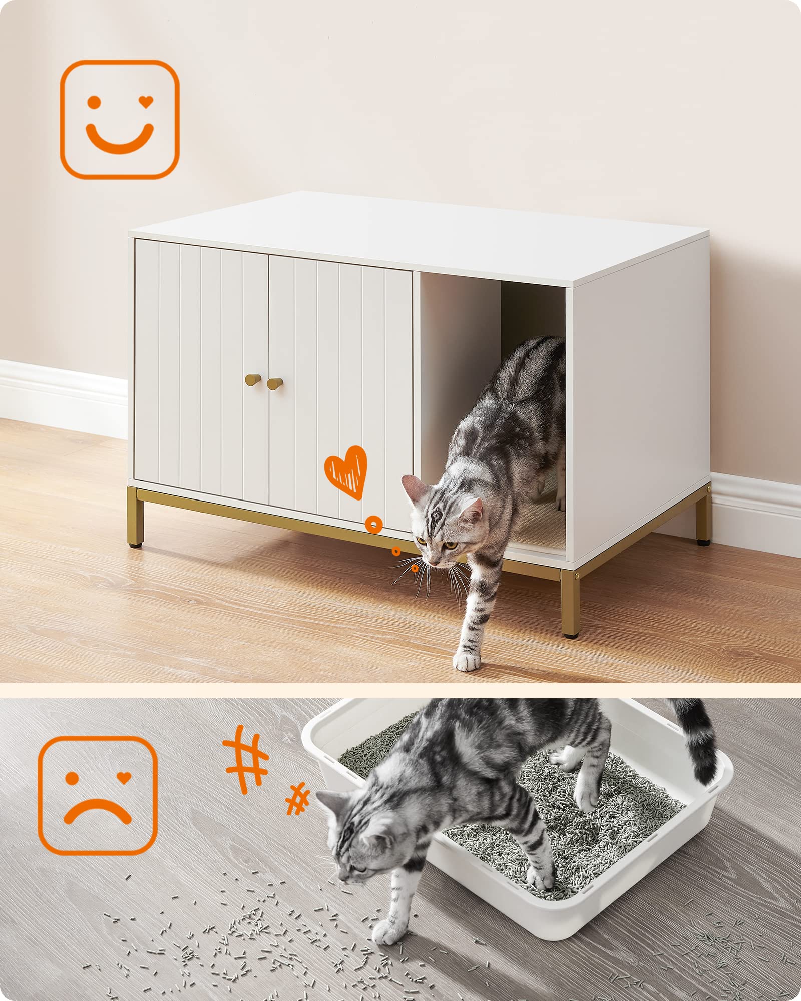 Feandrea PCL007W01 - Mueble de Cama para Gatos con Alfombra de rascado, Patas Altas, Mesa Auxiliar, 80 x 50 x 55 cm, Blanco y Dorado