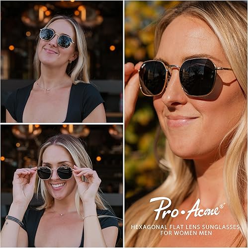 Miniatura 7 de Pro Acme Lentes de sol hexagonales de lente plana para mujeres y hombres, con marco de metal, lentes de sol clásicos, lentes de cristal 100% real