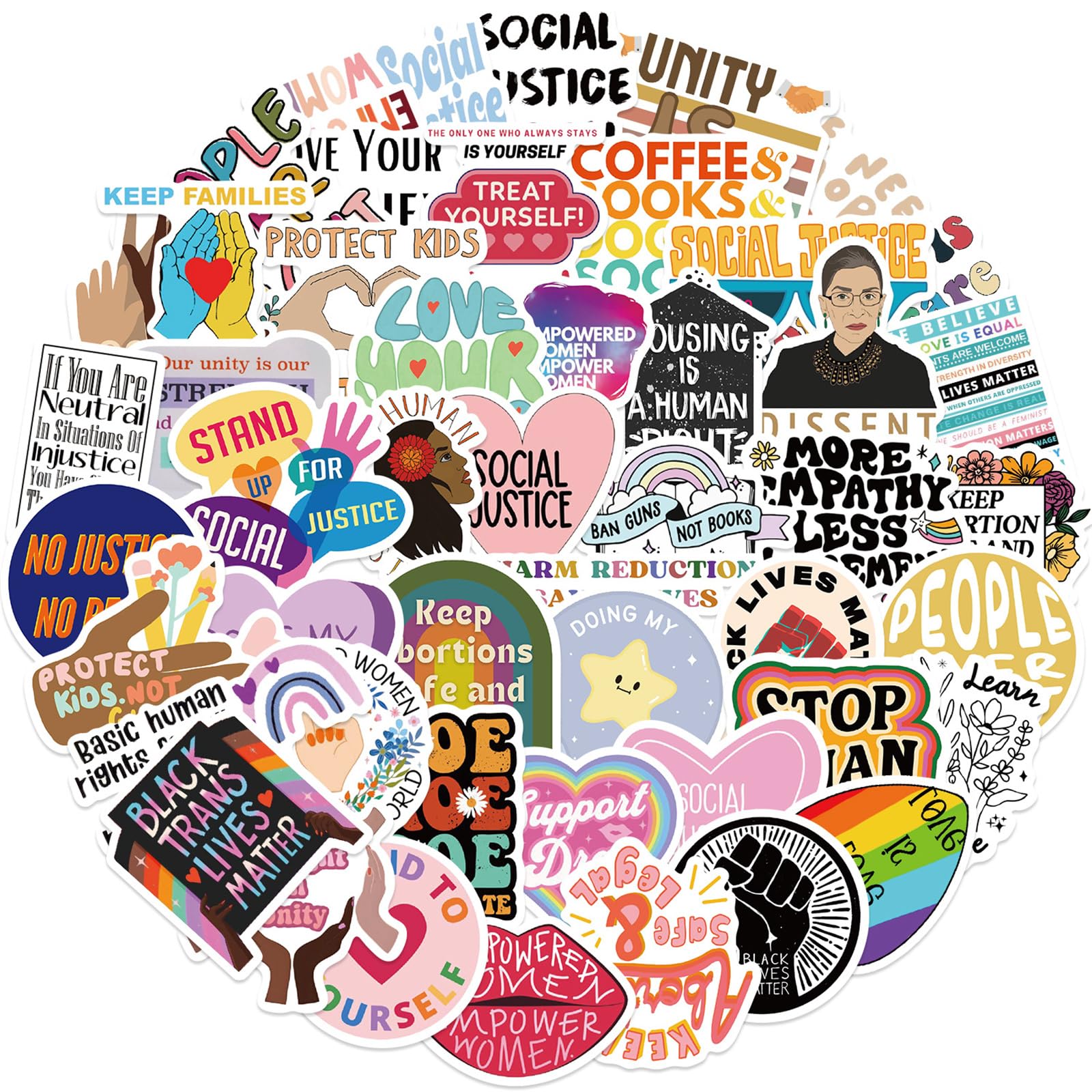 50pcs Waterproof Vinyl Stickers Pack - Social Justice Decals for Bottles, Laptops, Hard Hats & More