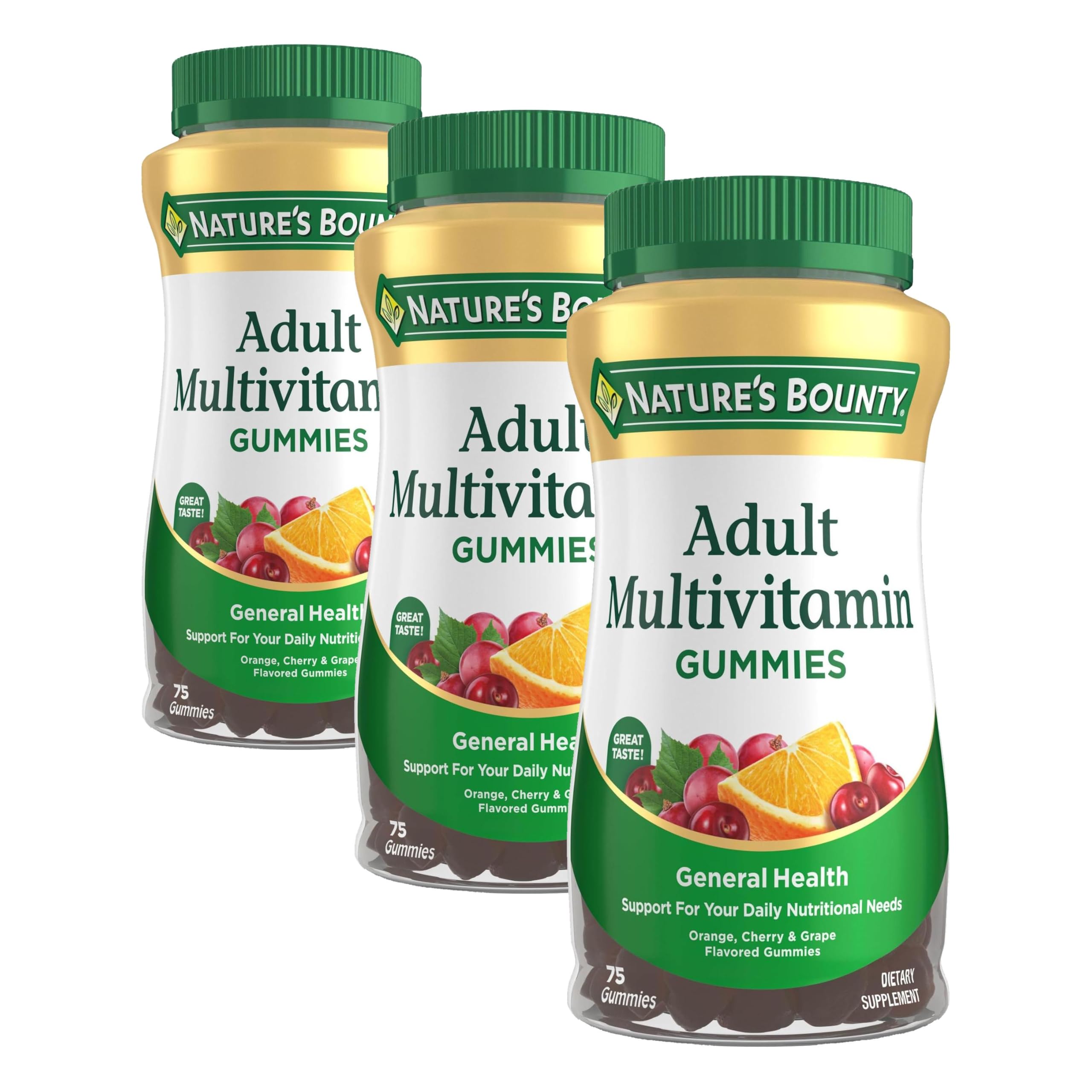 Nature's Bounty Adult Multivitamin Gummies, Vitamin Supplement, Daily Nutritional Needs, Orange, Cherry and Grape Flavor, 75 Gummies (Pack of 3) 75 Count (Pack of 3)