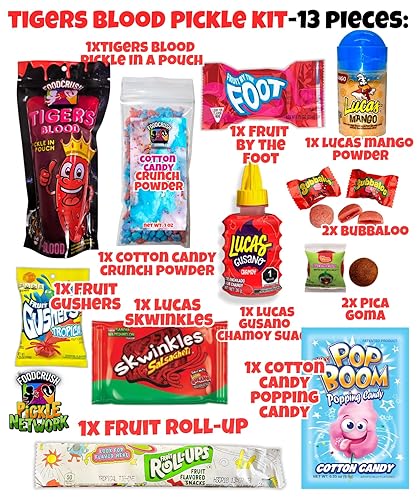 Vista 21 de Kit de encurtidos de frambuesa azul con bolsa de regalo Takis-Mexican Candy (Dulces Mexicano) con Takis, Fruit Roll up, gushers, salsa de chamoy