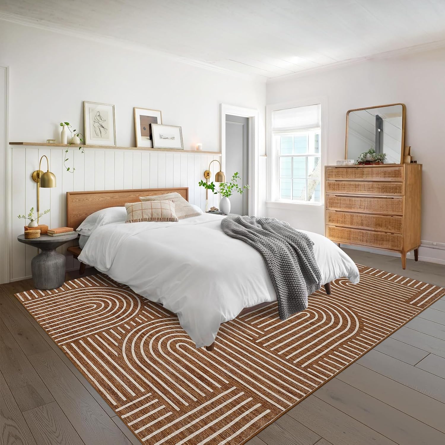royhome washable rug 9x12 area rugs for living room, abstract rug for bedroom, soft rainbow non slip throw rugs with rubber back, low pile stain resistant boho geometric carpet for dining room, copper copper 9' x 12' (rectangular)