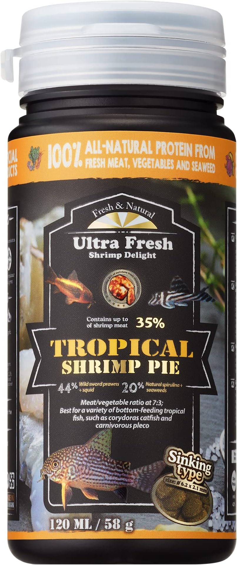 Ultra Fresh Bottom Feeder Fish Food, Sword Prawns, Natural Protein, Balanced Diet, for Catfish, Corydoras, Loaches, Tropical Shrimp Pie 2.05 Ounces