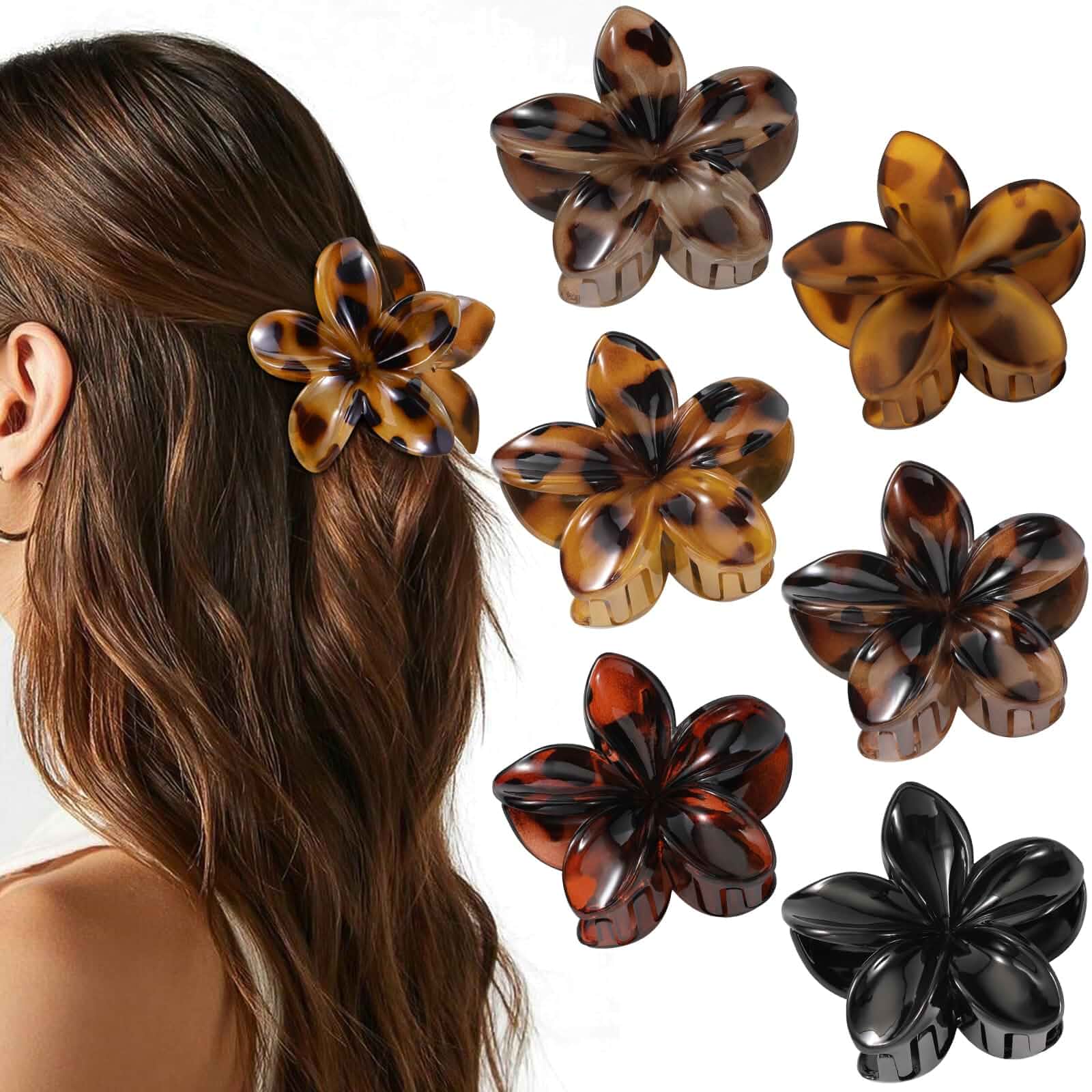 6 PCS Flower Hair Clips for Women, Cute Floral Hawaiian Flower Claw Clips Strong Hold Non-slip Daisy Claw Clips for Thick Thin Hair, Daily Wear & Holiday Hair Accessories for Girls, Tortoise & Black