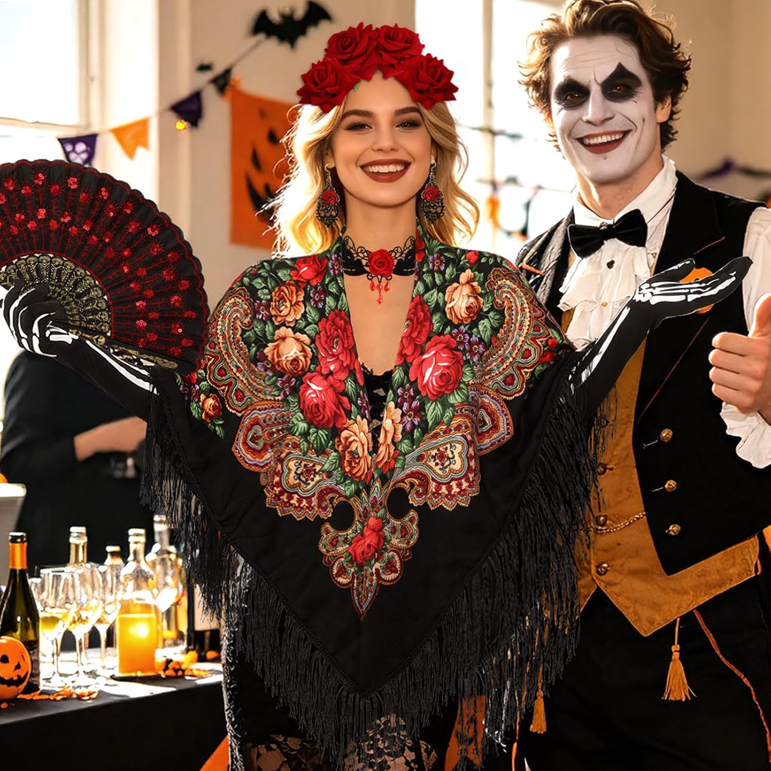 8 Pcs Dia de los Muertos Costume Set Traditional Mexican Tassel Shawl Rose