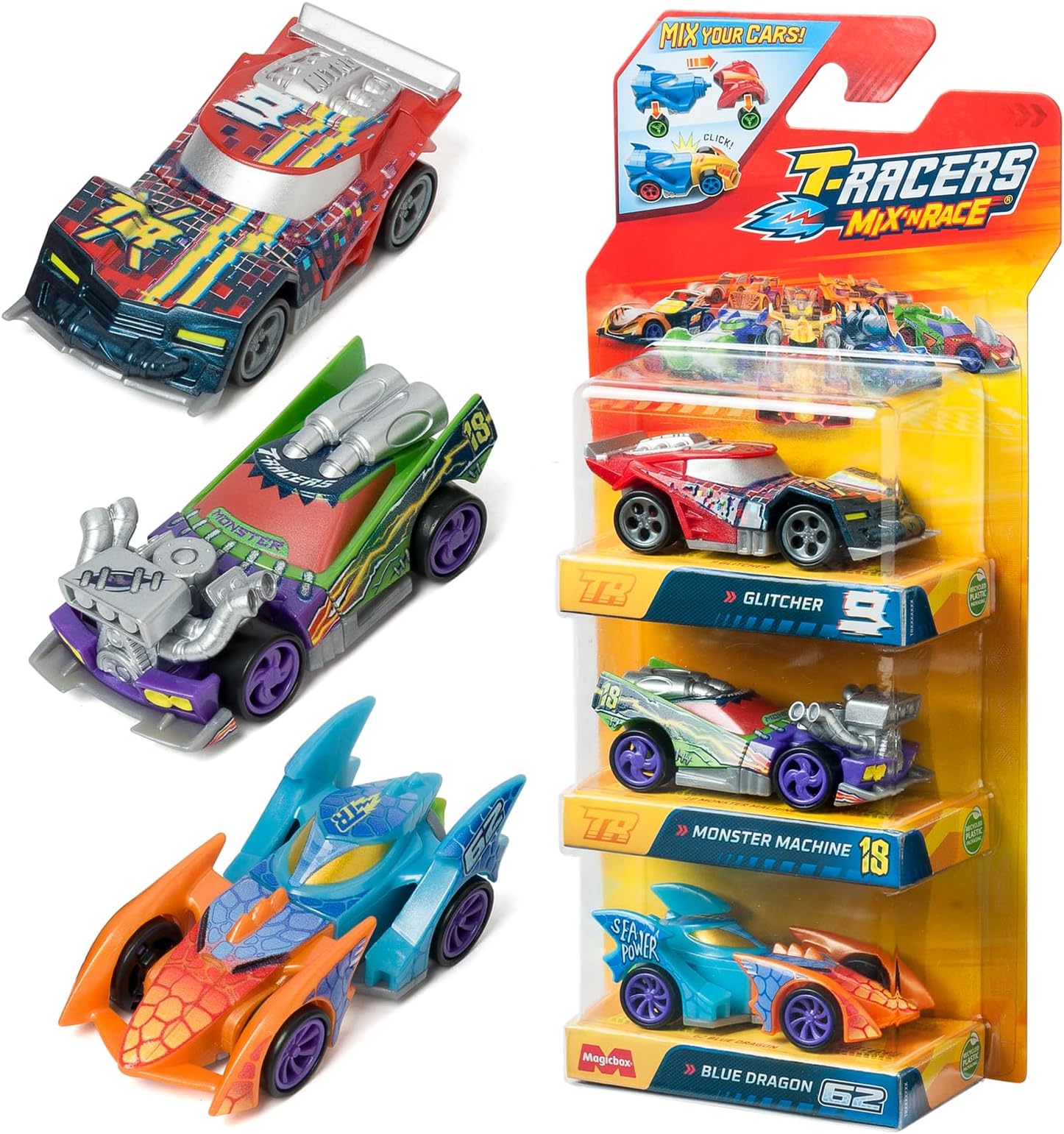 T-RACERS Mix ´N RACE 3 Pack – Pack of 3 collectible cars. Each car can be split in two with interchangeable parts and wheels. Pack 3/4