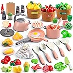 90Pcs Kitchen Playset Accessories, Pretend Cooking with Pots, Pans, Cookware, Food, Fruit, Veges, Color Sorting Baskets, Prop Money, Learning Gift for Girls Boys Toddlers (Pink)