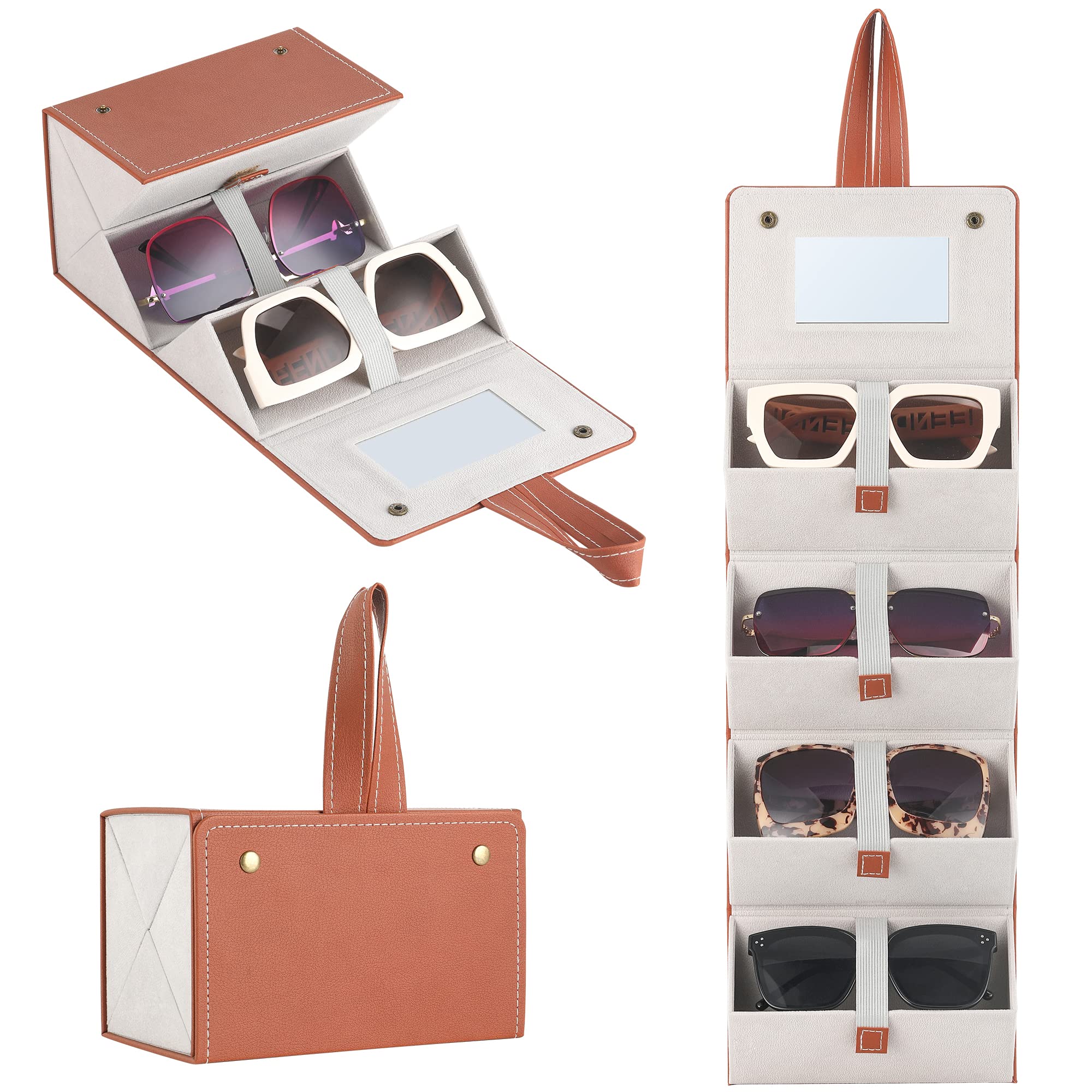 Travel Sunglasses Organizer with 4 Slots,Upgraded Multi Sunglasses Case with Mirror & Strap,Suit for Oversized Sunglass,Foldable Sunglass Holder Sunglass Storage Case,Nut Brown, Nut Brown With 4 Slots, 4 Slots