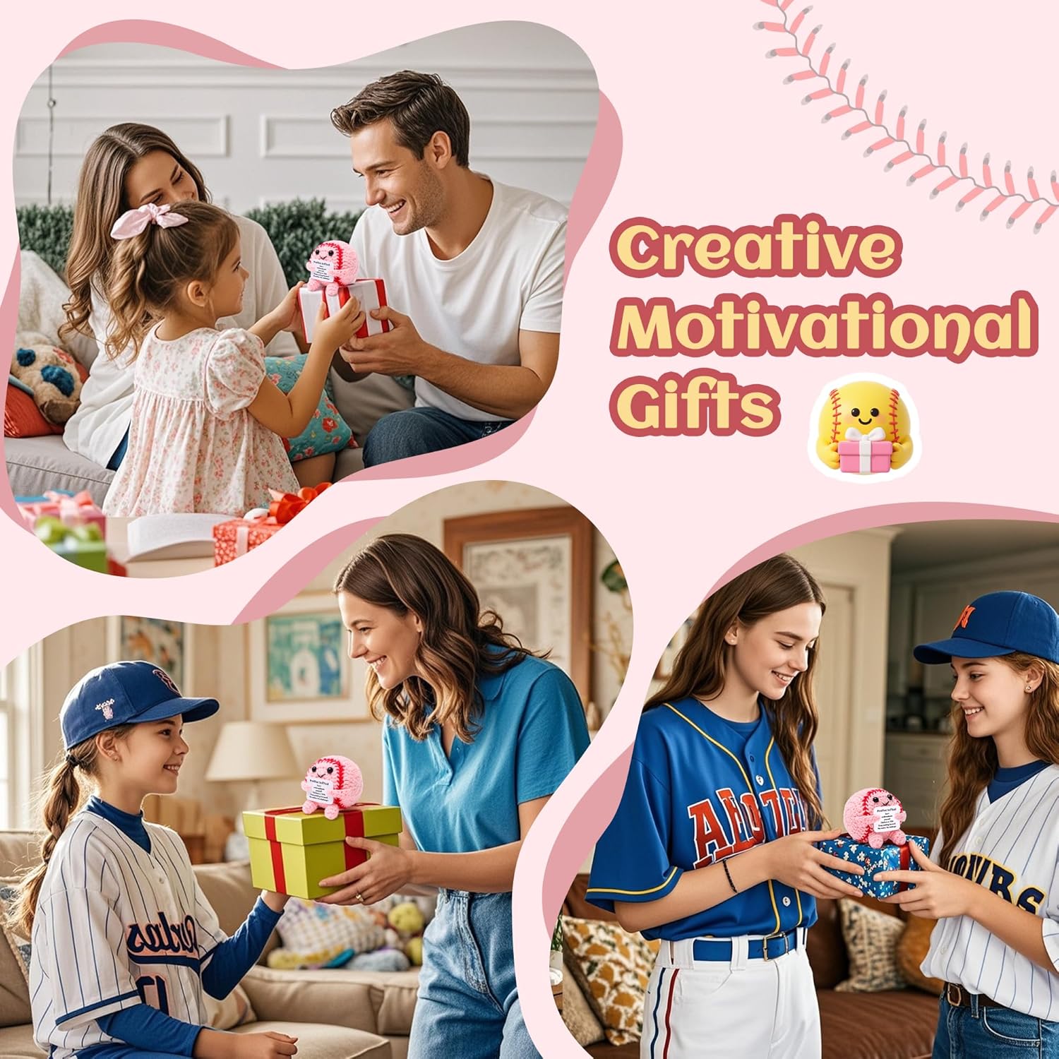 Mini Funny Positive Pink Softball Gifts for Girls, Knitted Wool Softball Crochet Toy with Positive Card, Cute Emotional Support Cheer Up Keepsake Gift for Kids Girls Women Friends Sister College