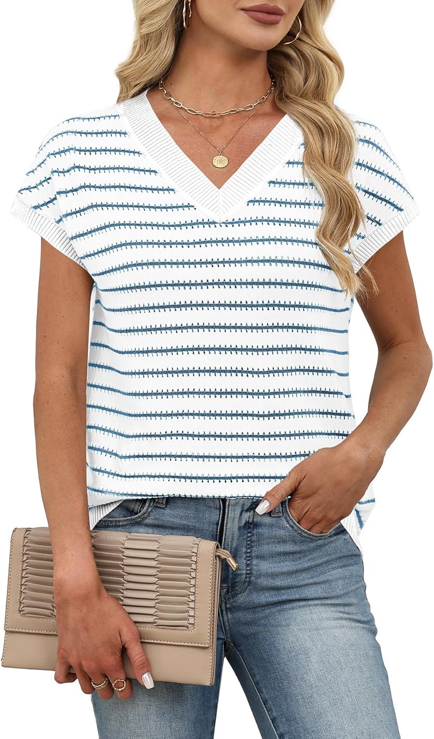 WIHOLL Womens Short Sleeve Sweater V Neck Cute Tops Trendy Spring Summer Striped Pullover Crochet Sweater Vest - Image 4
