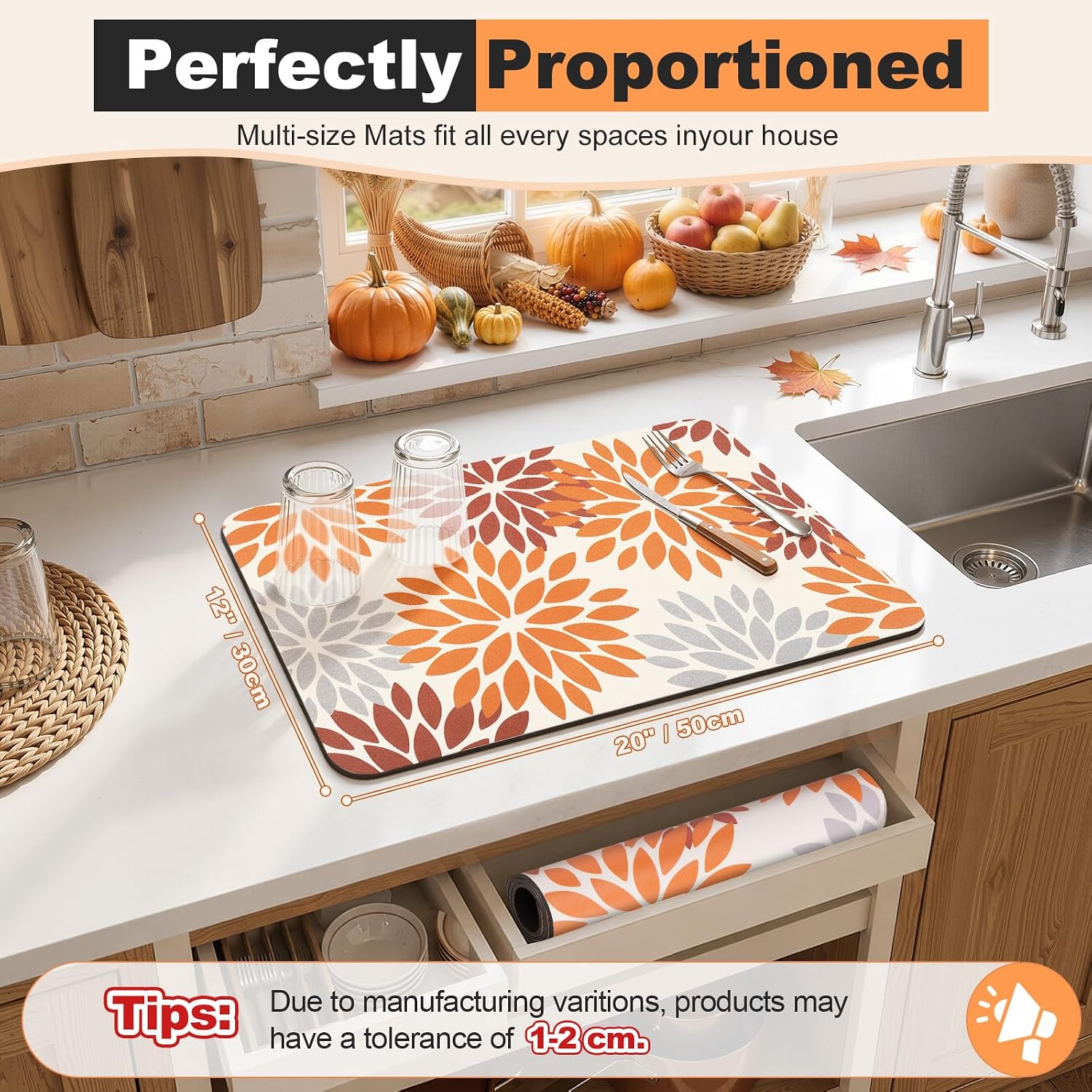 Findosom Floral Fall Dish Drying Mat 12" x 20" Absorbent Coffee Mat Orange