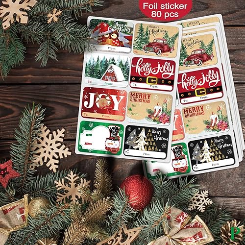 Miniatura 5 de 80 etiquetas adhesivas grandes de papel de aluminio para regalo de Navidad, 8 diseños gigantes, etiquetas de nombre de Navidad para envolver regalos