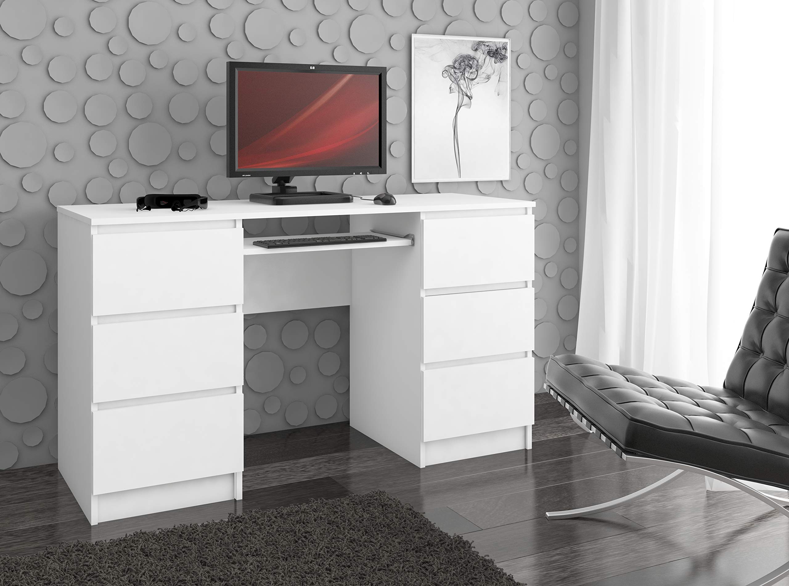 Schreibtisch Klein mit Schubladen | Office Desk | Computertisch | Bürotisch mit Tastaturablage | Holz Deko | B135 x H77 x T50 cm, 60 kg