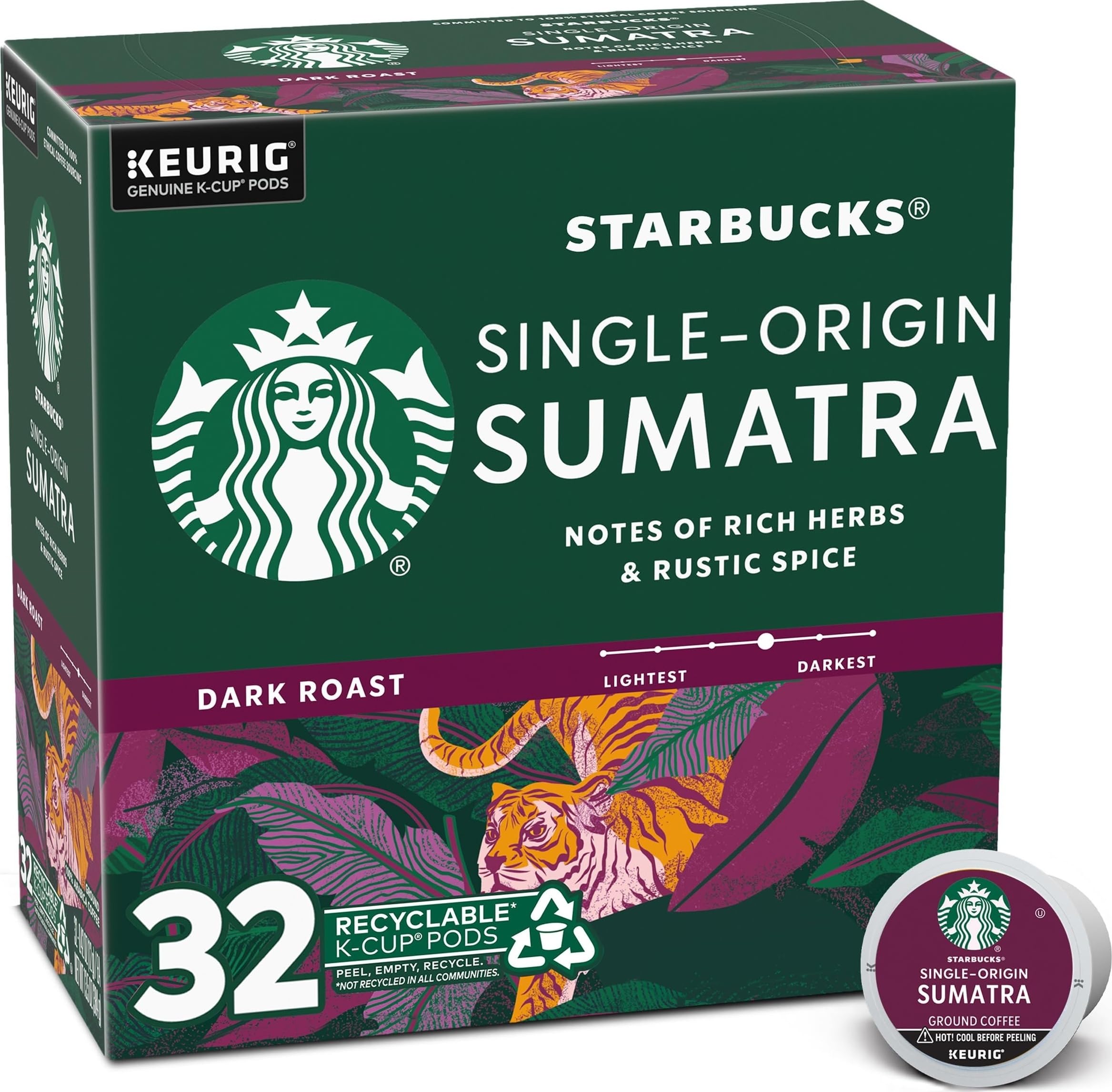 Starbucks K-Cup Coffee Pods—Dark Roast Coffee—Sumatra—100% Arabica—1 box (32 pods)