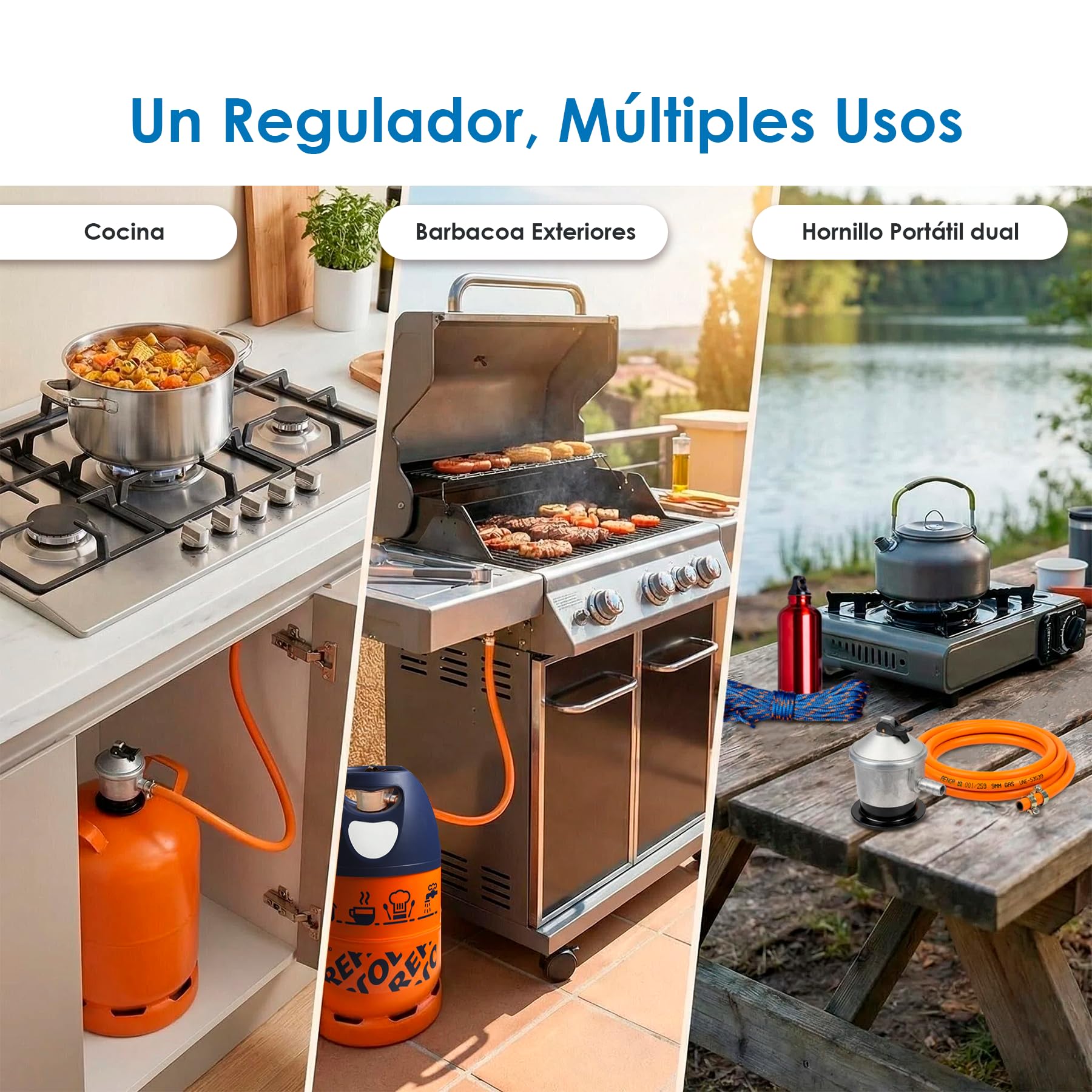 Kit Regulador Gas Butano 30 mbar Homologado + Manguera 1,5 m / 3 m / 5 m y Abrazaderas – Regulador para Bombonas de Gas en Cocinas, Camping, Hornillos, Barbacoas y Paelleros (DOBLE XXL - 3,0 m) — view 8