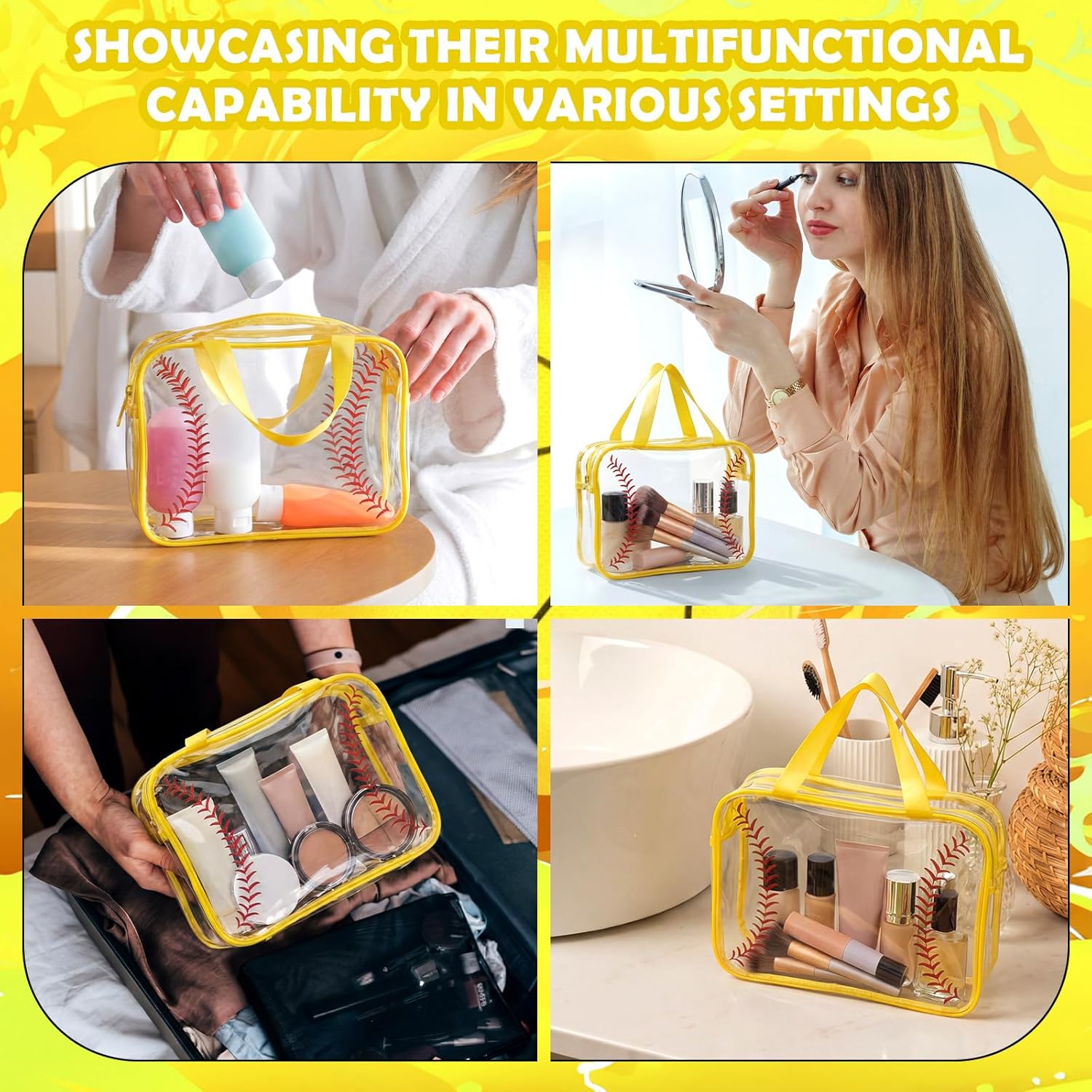 12 Pcs Softball Team Gifts Softball Goodie Snack Bags for Mom Bows Cosmetic Clear PVC Cheer Case Pouch Waterproof Travel Toiletry Handbag Organizer for Makeup Women Girl Gift(Style 1)