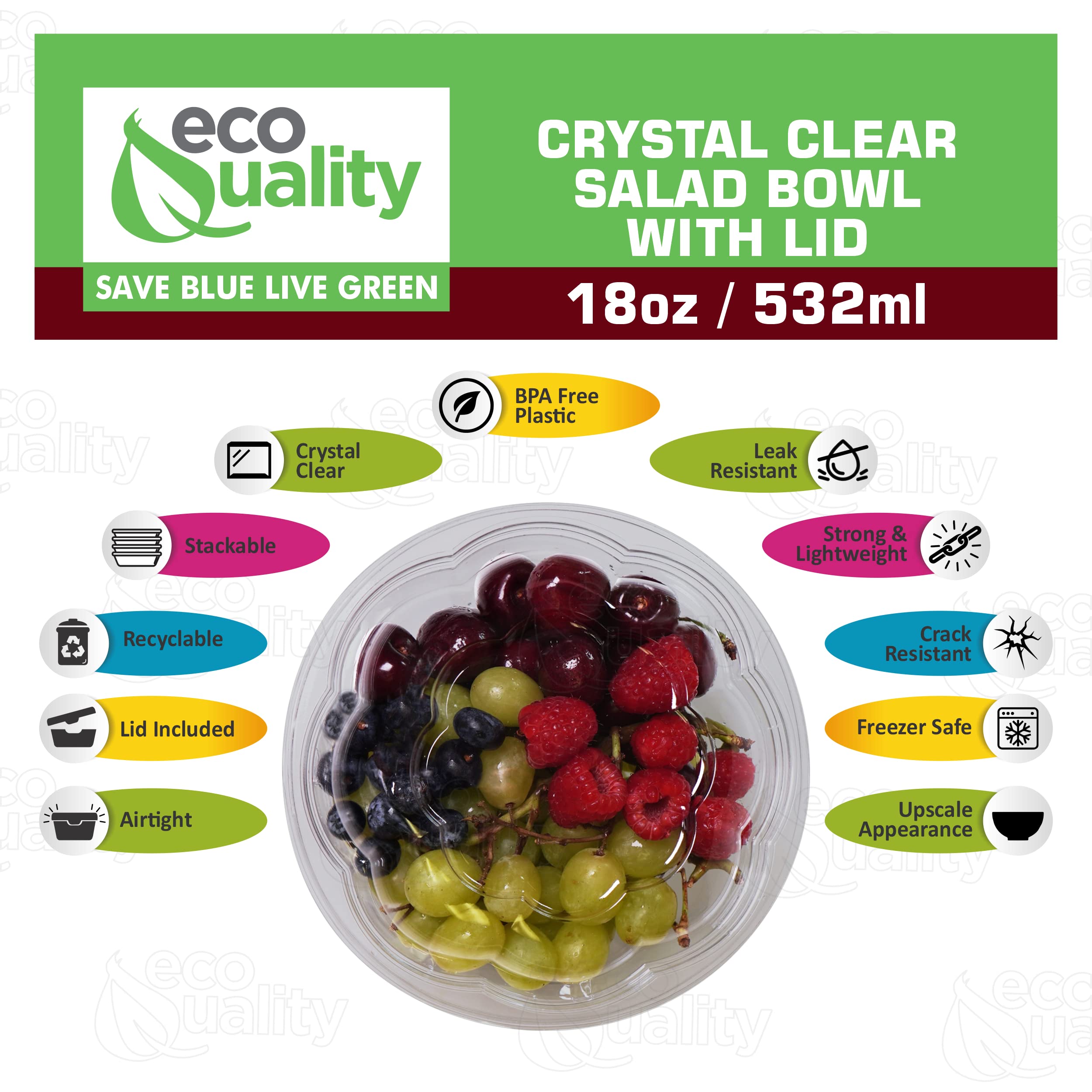 18oz Crystal Clear Disposable Salad Bowls with Lids - Clear Plastic Disposable Salad Containers for Lunch To-Go, Salads, Fruits, Airtight, Leak Proof, Fresh, Meal Prep | Rose Bowl Container (100)