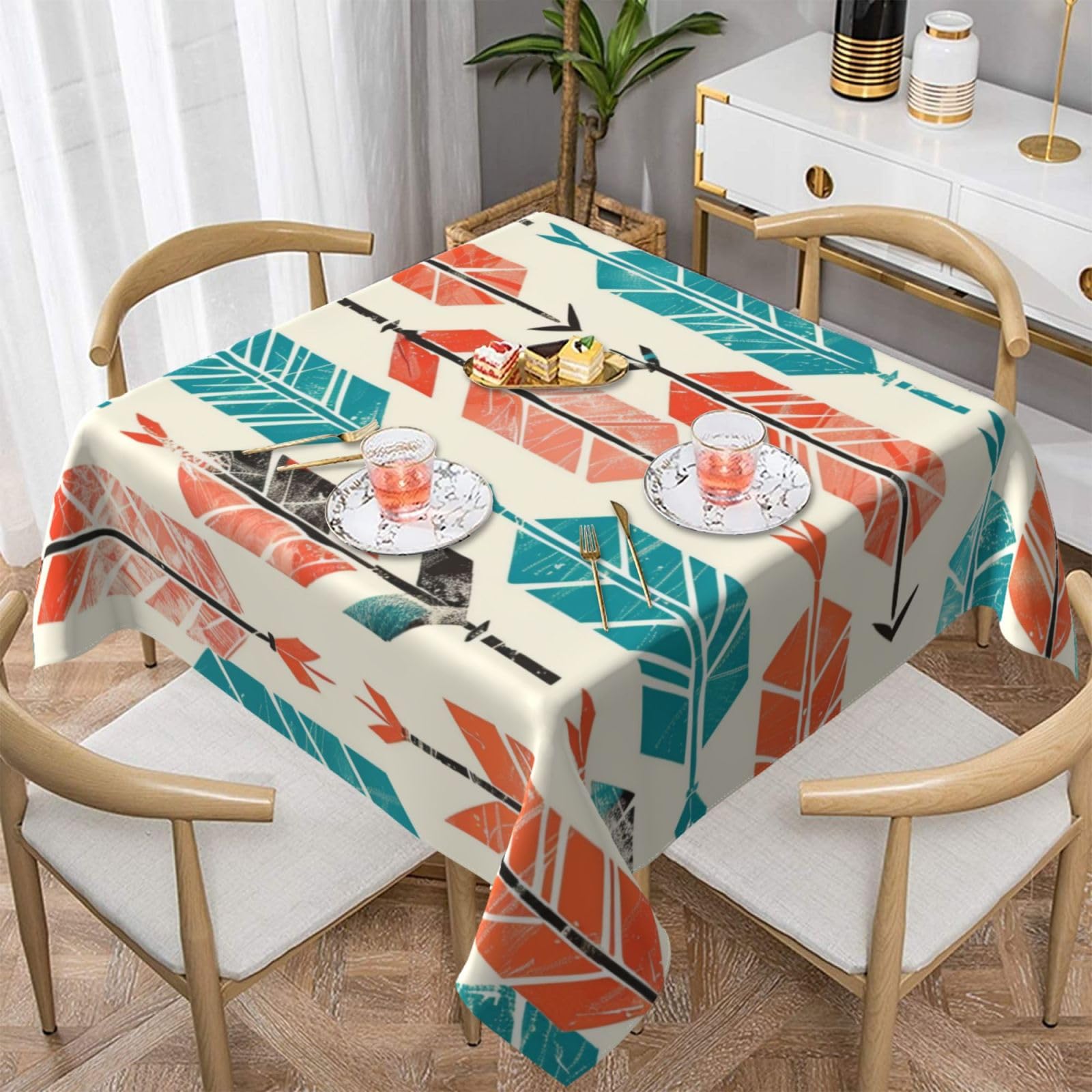 WPKJU Coral and Teal Arrows Printed Square Tablecloth 54x54 inch Water Resistant Table Cover Washable Rectangle Table Cloth for Dining Tables