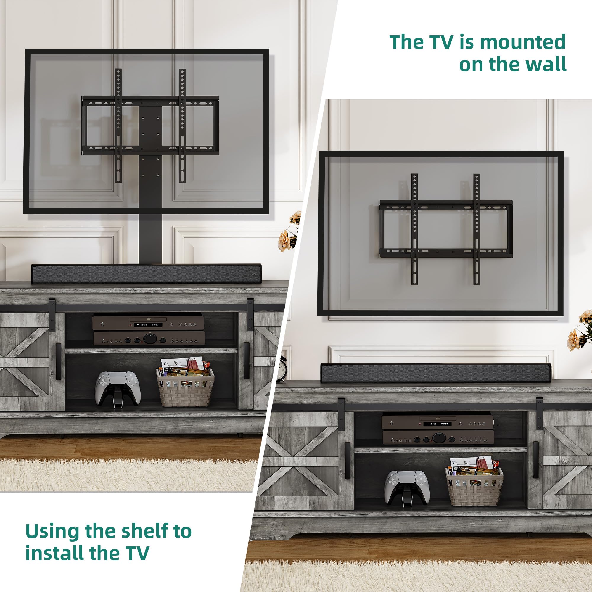 YITAHOME Farmhouse TV Stand for Living Room with Mount, Entertainment Center with 3 Height Adjustment for 32-70 inch TVs, Media Console Cabinet with Sliding Barn Door, Grey