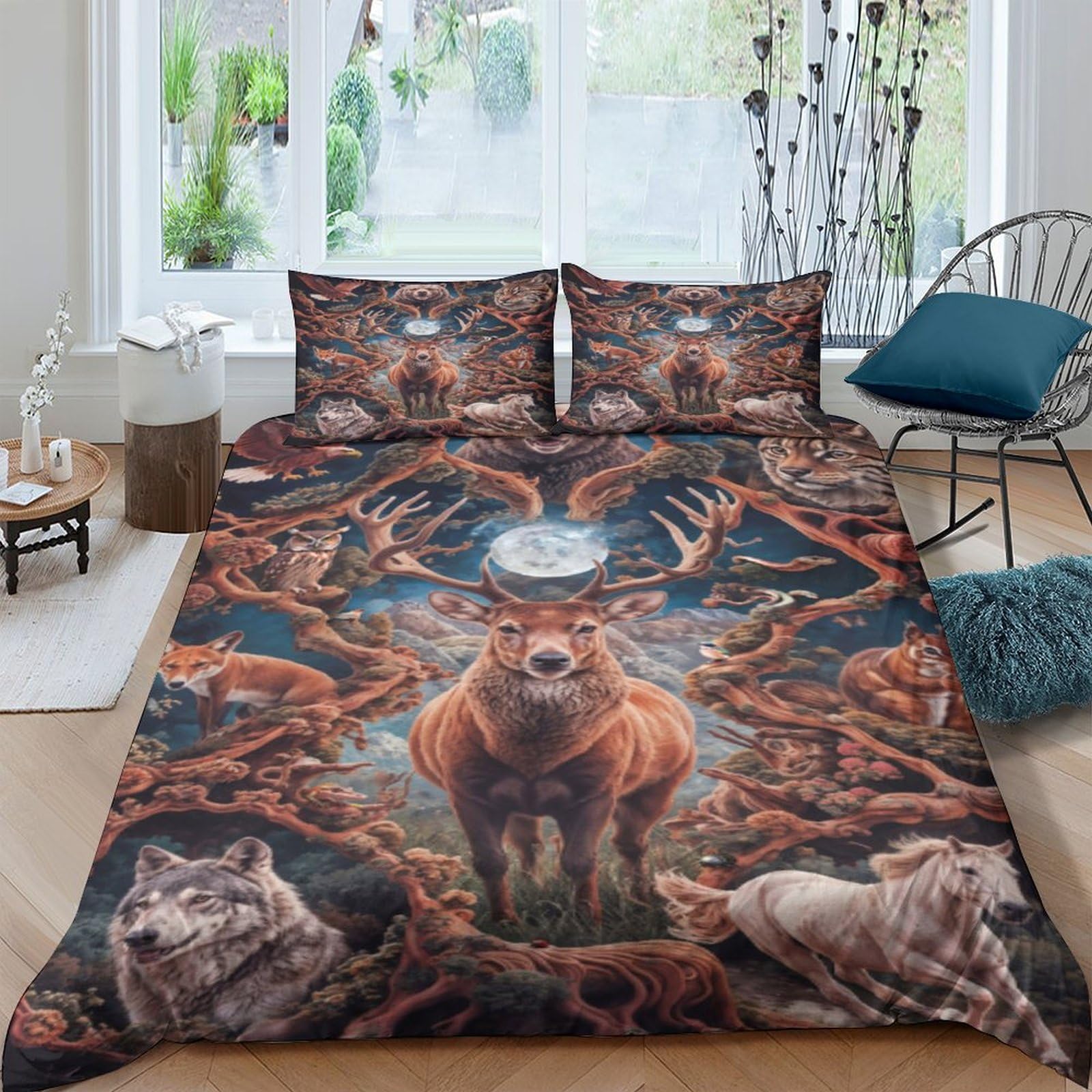 XHSMSHWY Jungle Moose Duvet Cover 3D Print Wildlife Quilt Cover for Teens And Adults Comforter Covers Bedding Set Soft Microfiber with Zipper Closure with Pillow Cases 3 Pieces King（220x240cm）