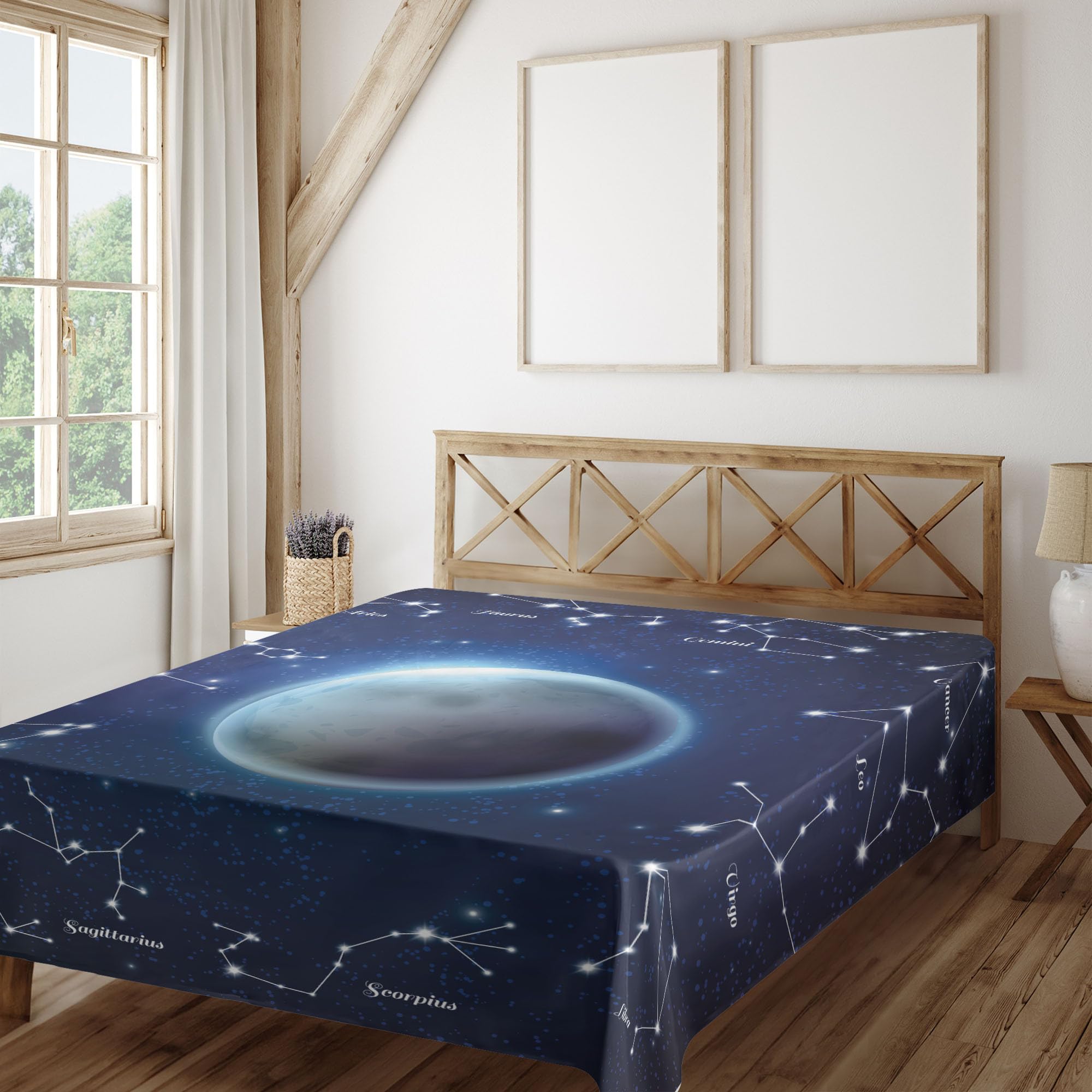 Ambesonne Astronomy Flat Sheet, Zodiac Signs and Constellations Around Moon, Soft Comfortable Top Sheet Decorative Bedding 1 Piece, King Size, Night Blue Dark Grey