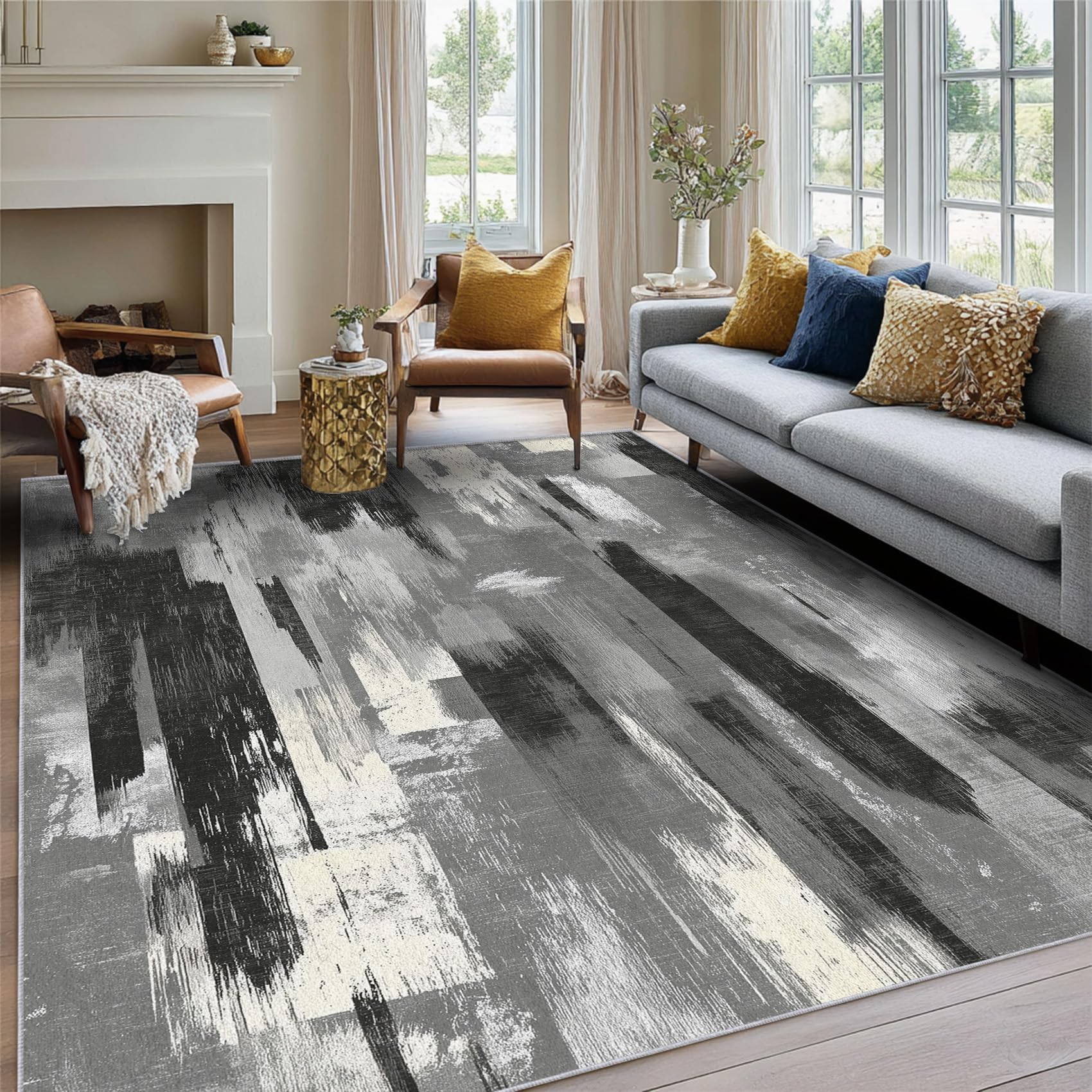 Modern Abstract Rugs Living Room, Square Rugs 120 X 120 cm, Black White Grey Industrial Style Rug Bedroom Kitchen Washable Non Slip Low Pile, Modern Abstract Home Decor Area Rug Carpet