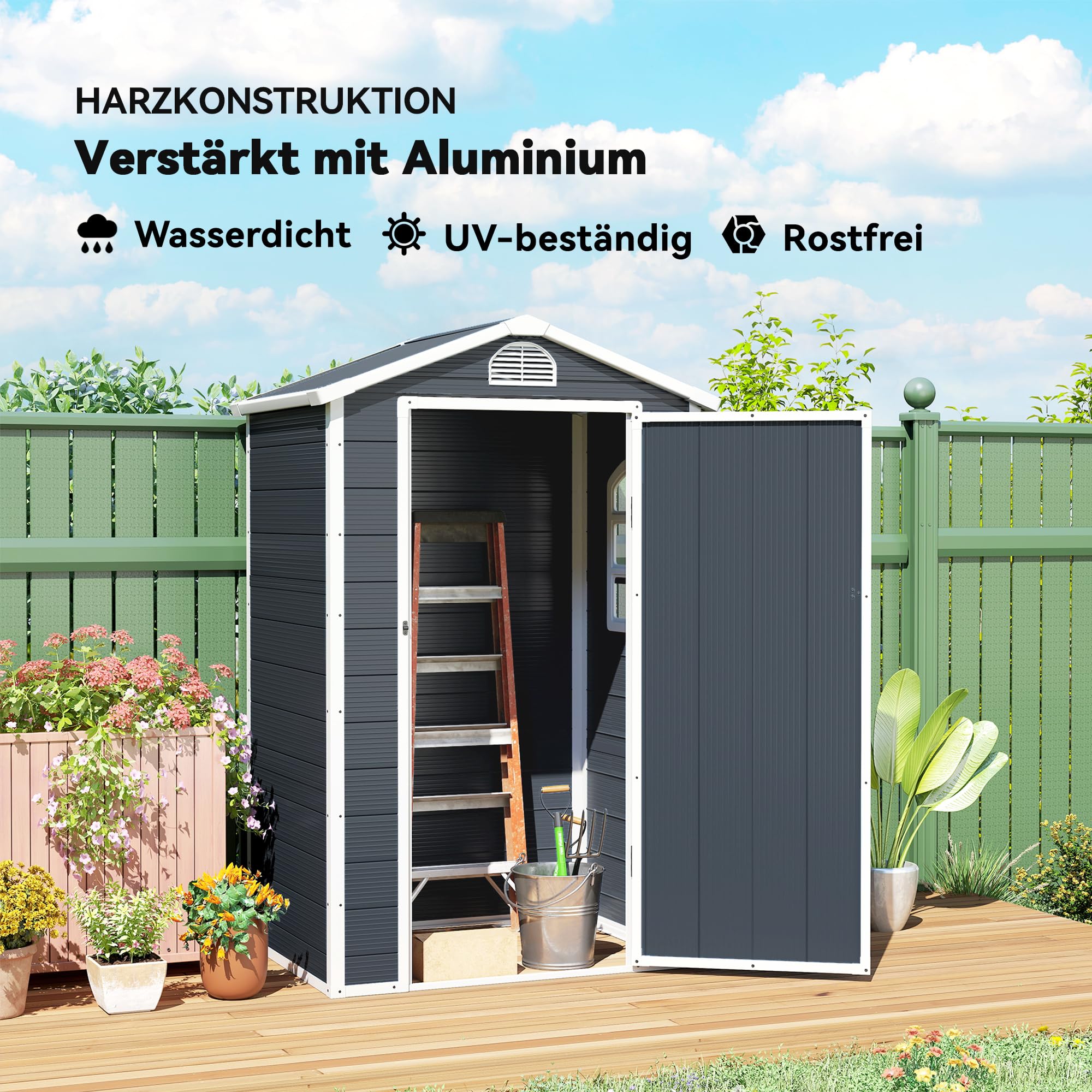 Outsunny Gerätehaus 1,1m² mit Satteldach 134 x 104 x 204 cm Dunkelgrau | Kunststoff Geräteschuppen mitAbschließbare Tür, Belüftungsöffnung, Fenster, Gartenchuppen für Garten