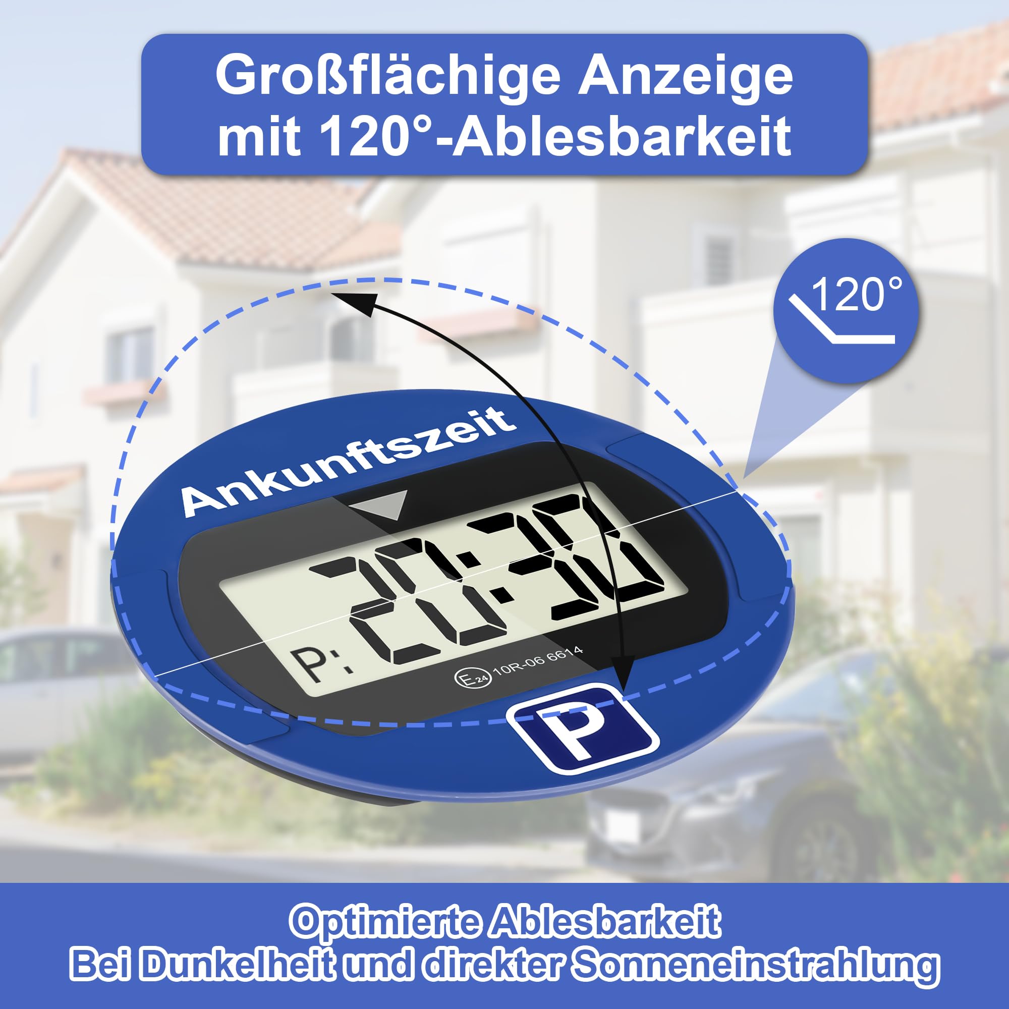 TEOV Elektronische Parkscheibe mit Zulassung KBA fürs Auto - Digitale Parkuhr mit Nachtmodus und Taktungseinstellung, Großer Bildschirm, präzise Zeitmessung, Rund. Blau oder Schwarz