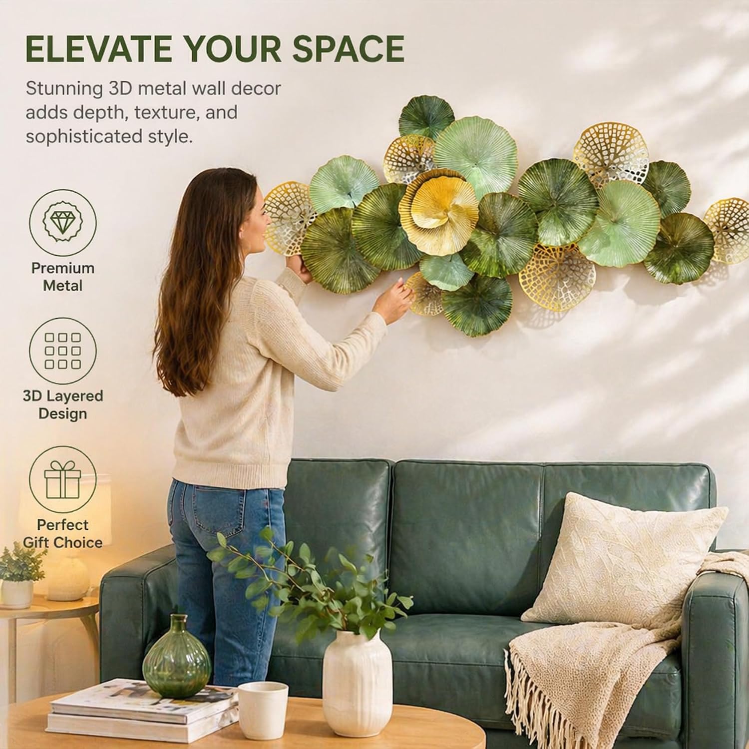 JFUJFU Large 3D Lotus Wall Art - Green & Gold Modern Metal Leaf Sculpture for Home Decoration