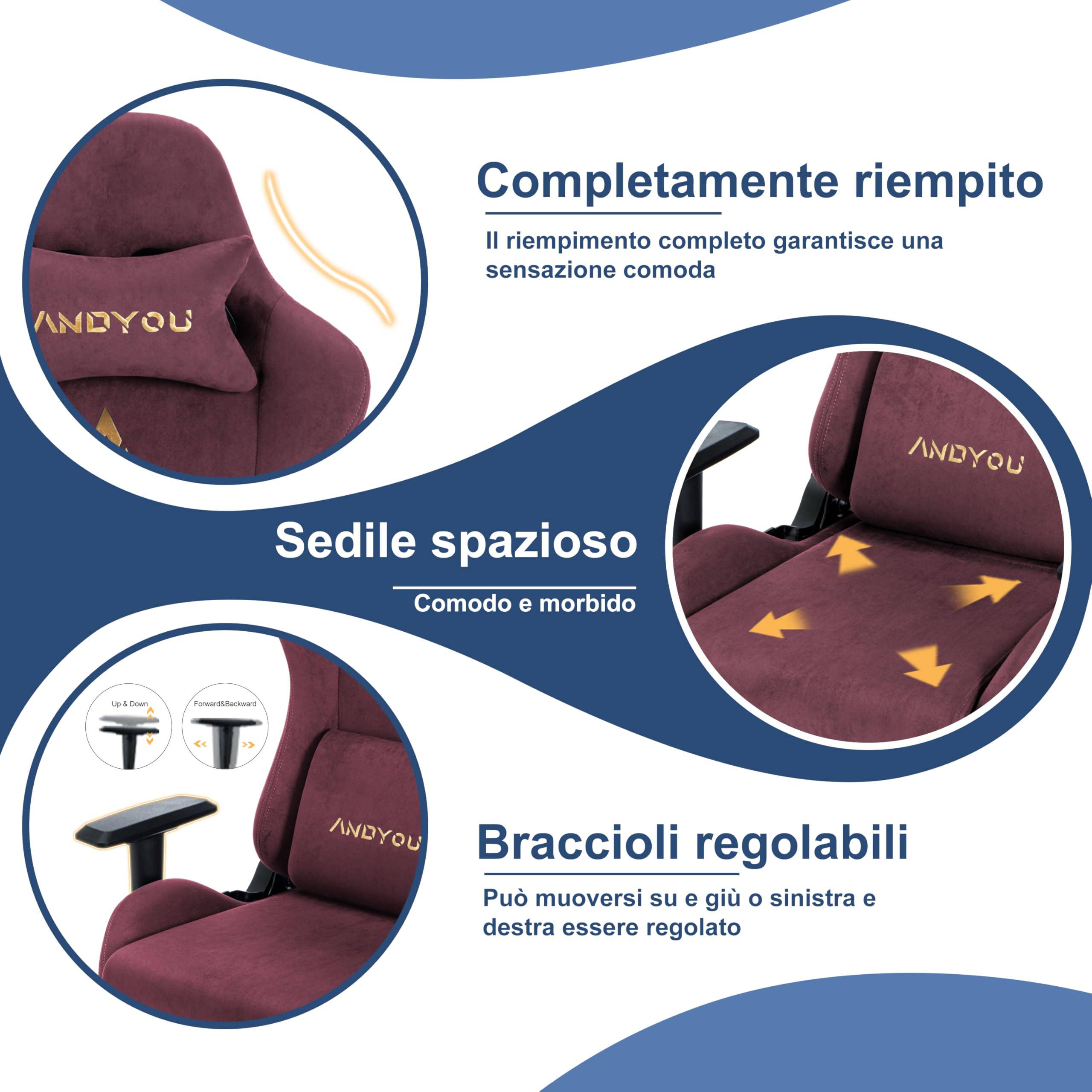 Andyou Silla Gaming Ergonómica | Reclinable 150° con Reposabrazos 2D Ajustables, Soporte Lumbar y Cervical, Capacidad 200 kg, Ruedas Silenciosas