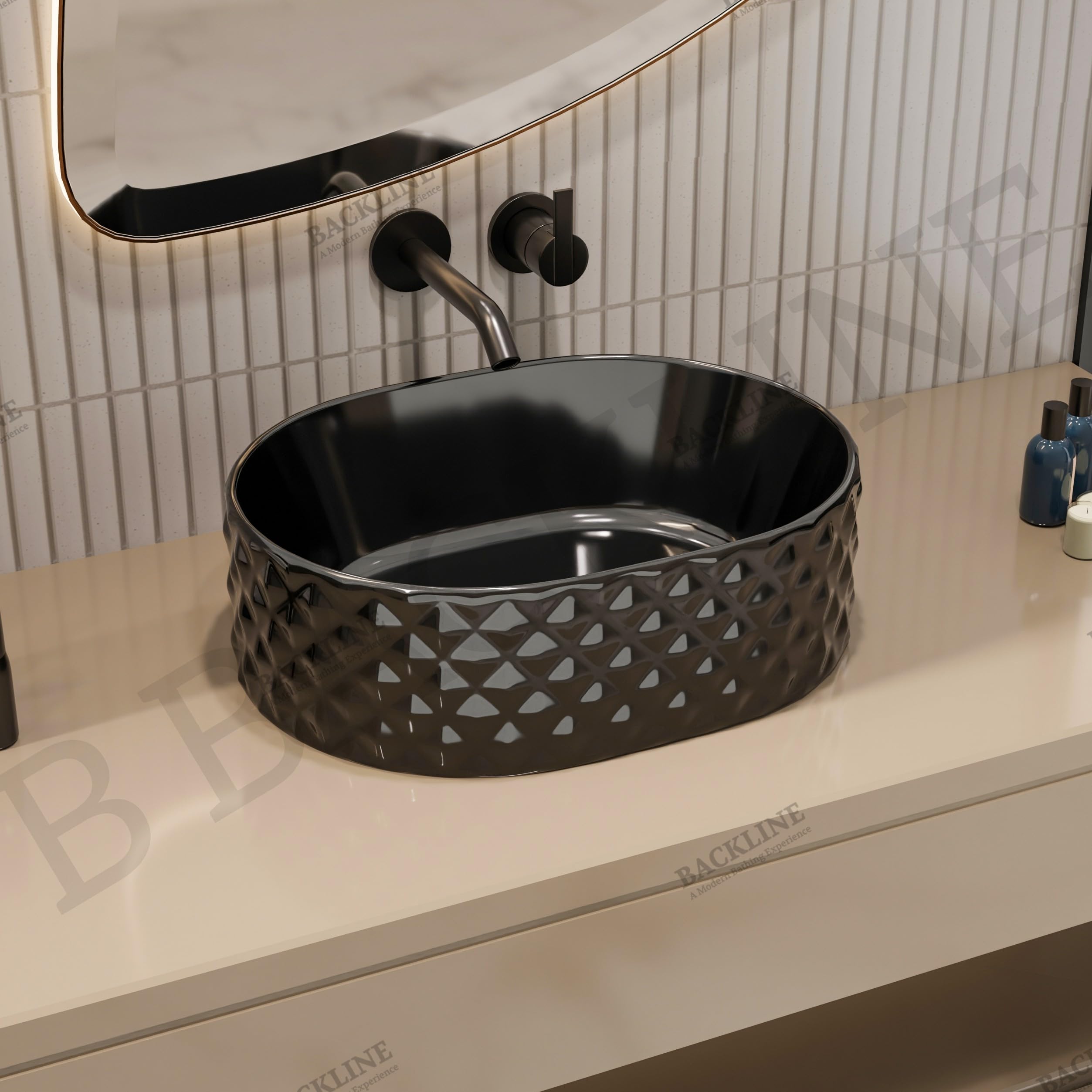 B Backline Ceramic Table Top Counter Top Wash Basin Vessel Sink Bathroom Sink Art Basin For Bathroom & Living Room 18 X 13.5 X 5.5 Inches (Only Basin) (Black Glossy)