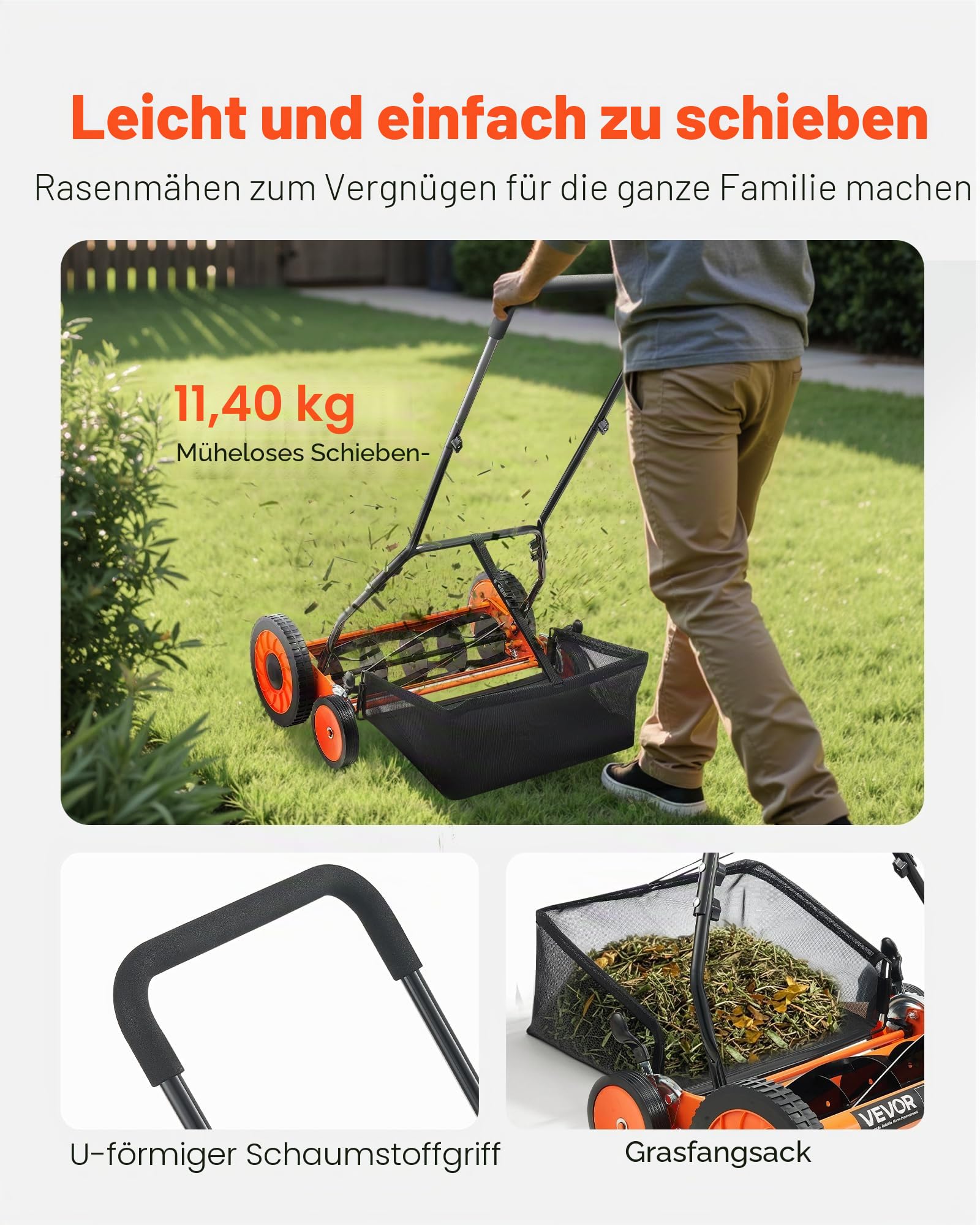 VEVOR Spindelmäher mit 450 mm Schnittbreite, Rasenmäher Schnitthöhe von 35 bis 62 mm, Handmäher mit 5 Klingen und Grasfangsack, Ideal für grüne Rasenflächen, Einfahrten, Innenhöfe