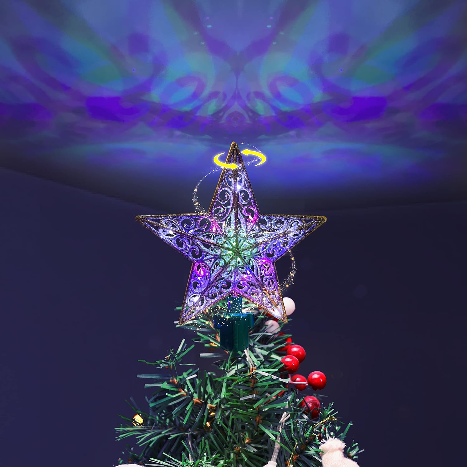 Rotating Christmas Tree Topper Star with 20 LED Multicolor Lights Star Topper for Christmas Tree Decorations (Silver)