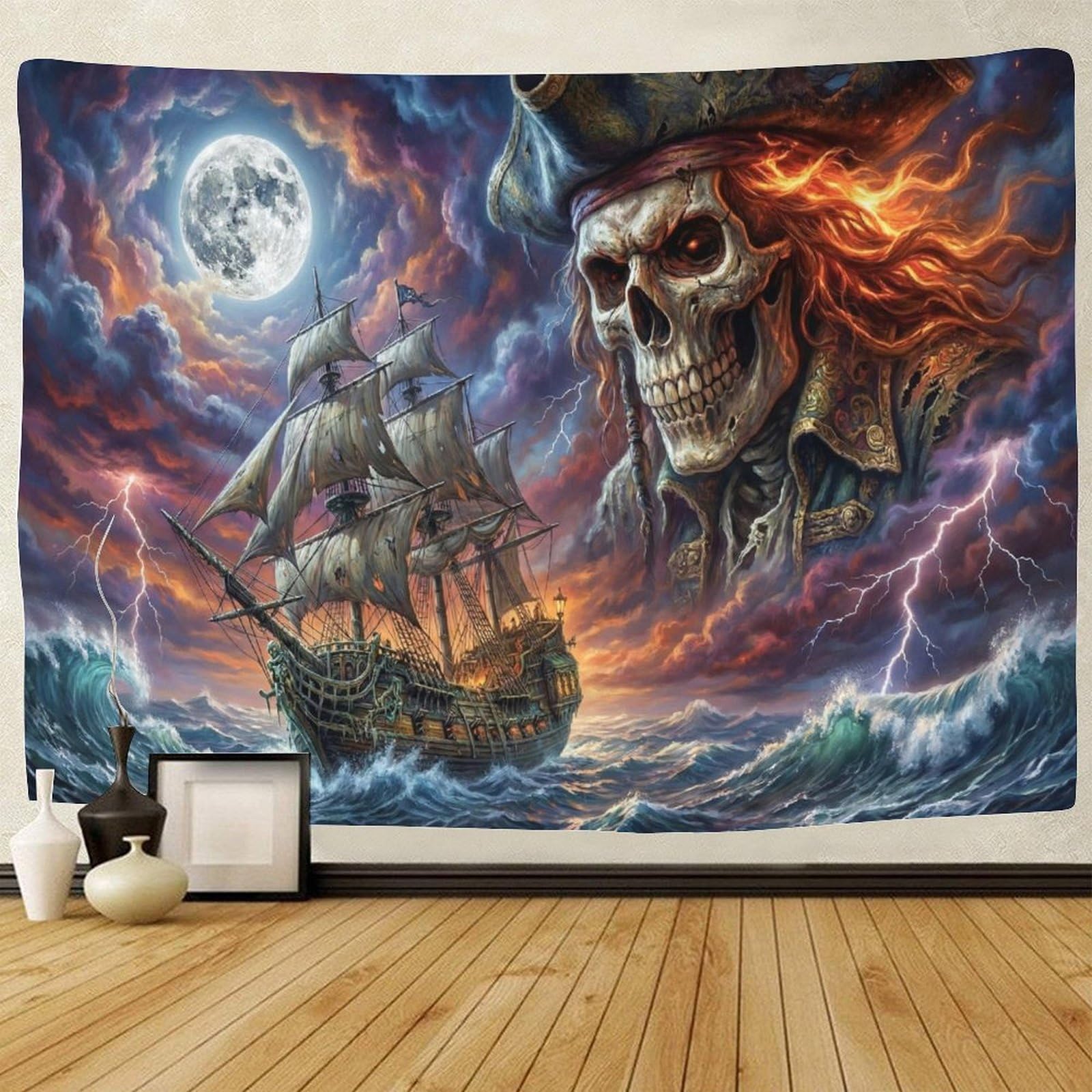 Asdfghjklza Style-15 Pirate Ship Stormy Sky Wall Tapestry, Home Office Wall Decor