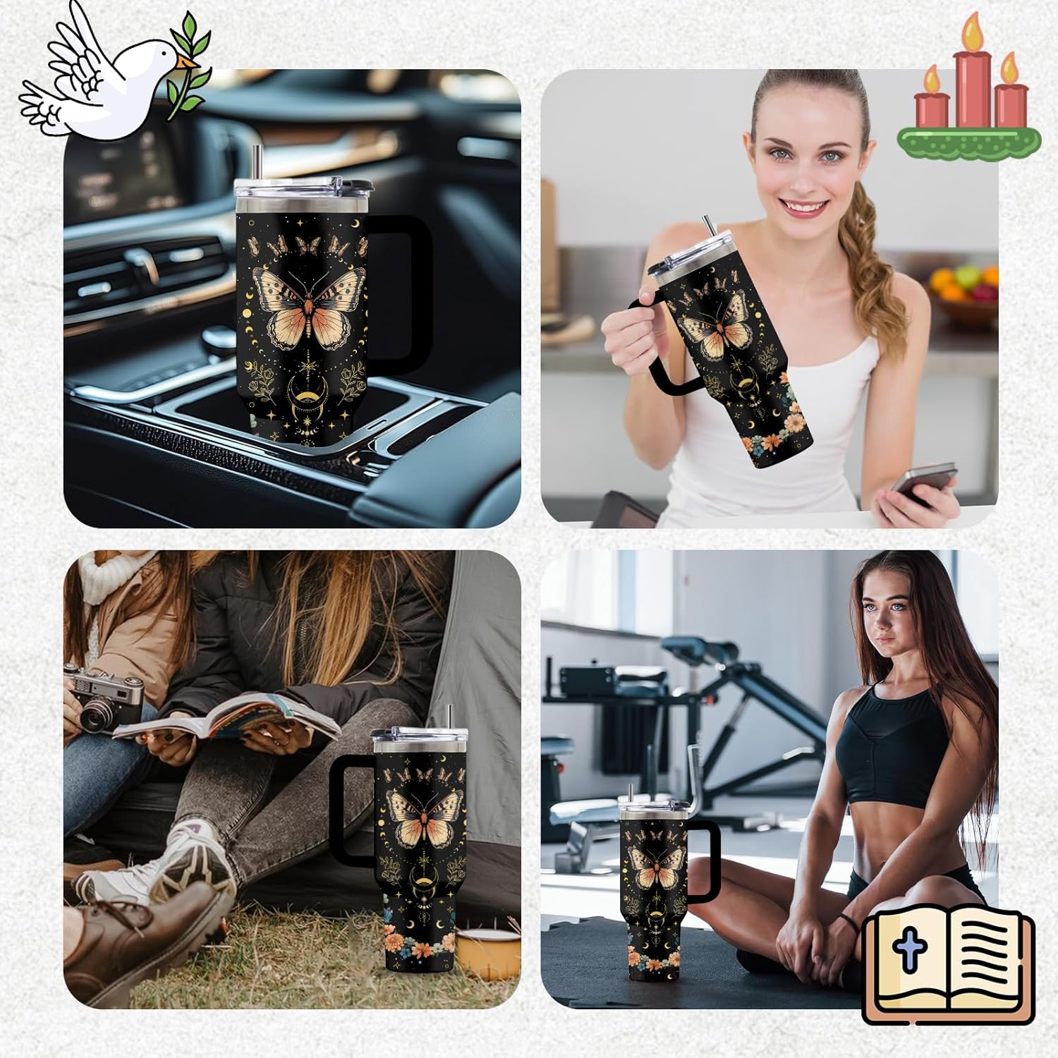 Butterfly Gift for Woman, 40 Oz Goth Butterfly Tumbler Mug Cup with Handle & Straw, Christmas Gifts for Butterflies Moon Animal Lover, Flower Themed Gifts, 1 PCS - Image 6