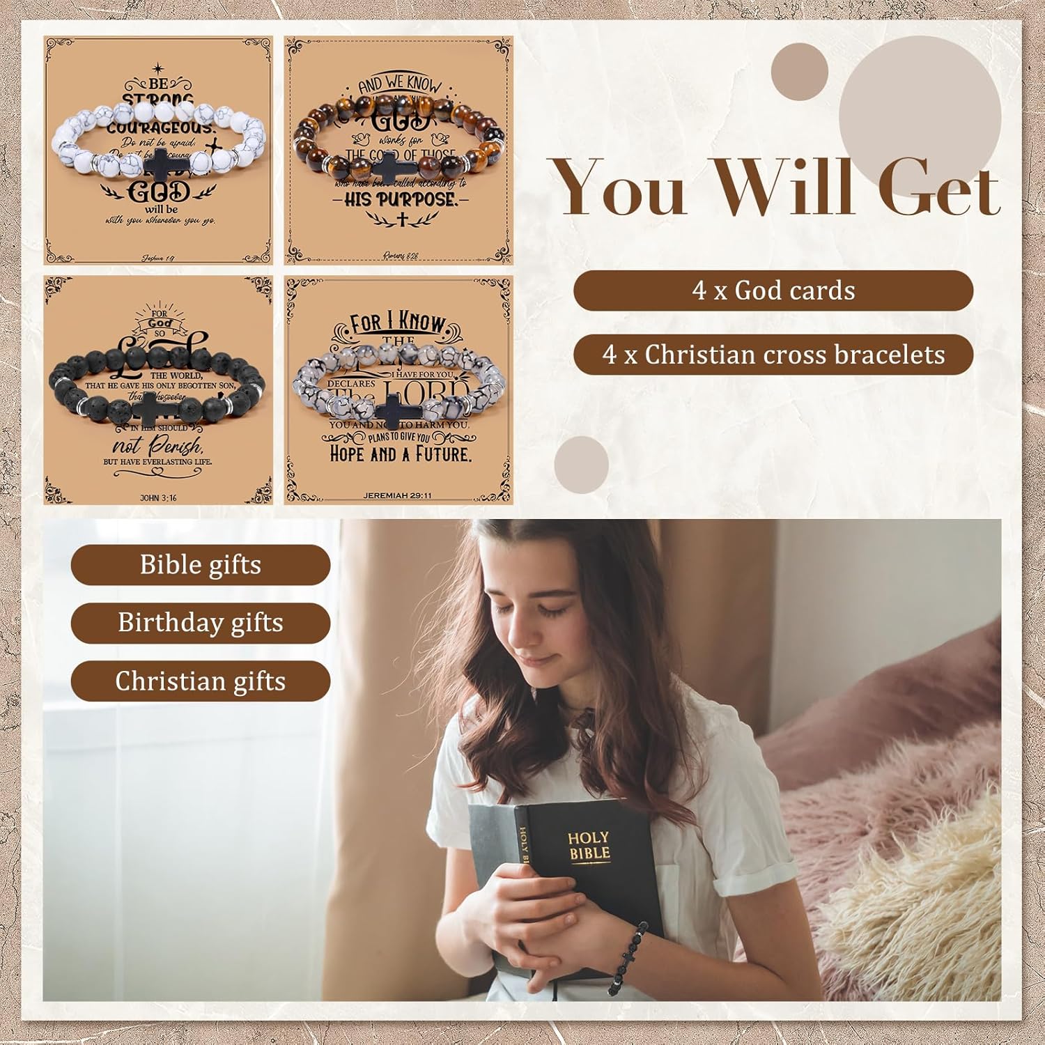 Kenning 4 Pcs Christian Cross Beads Bracelet Religious Bead Bracelet Thanksgiving Day Christmas Christian Gifts for Woman Men Cross Ribbon Charm Jewelry with Card - Image 3