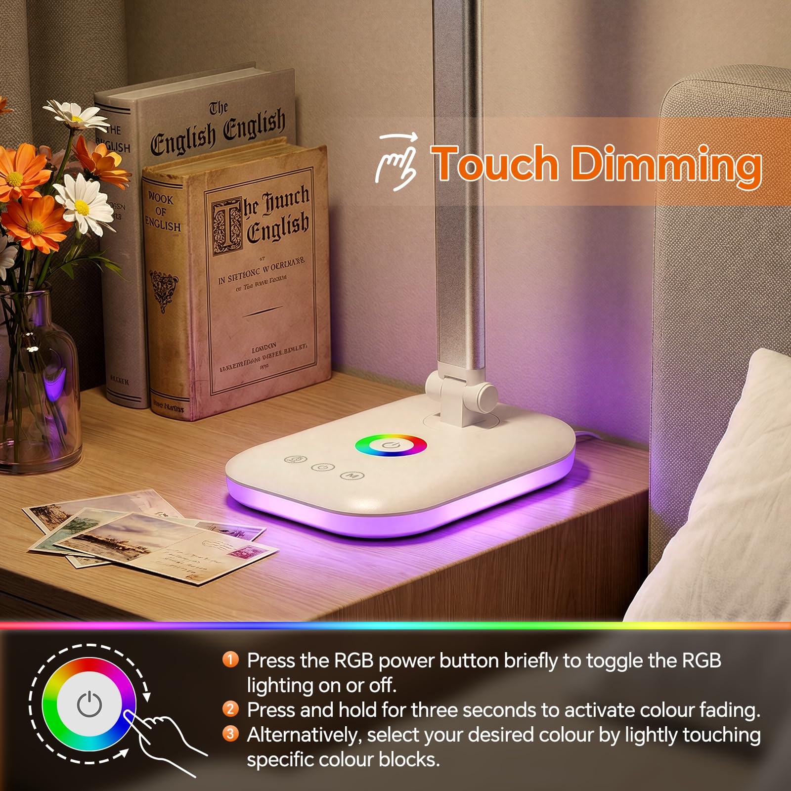 Schreibtischlampe LED Dimmbar 10W, Tischlampe mit 5 Farb und 10%-100% Stufenloses Dimmen, Desk Lamp USB Ladeanschluss Touch Steuerung, RGB Nachttischlampe, für Kinder, Schlafzimmer, Lektüre(Weiß)