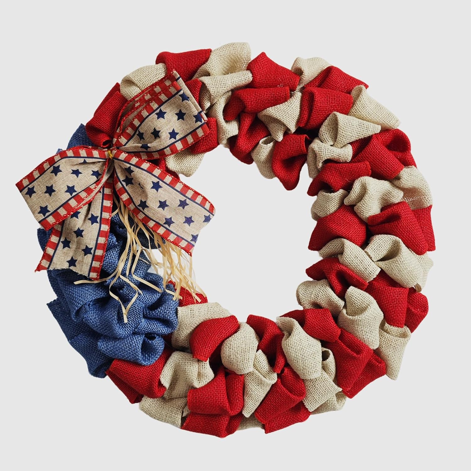 Patriotic Burlap Wreath 18 Inch, 4th of July Summer Wreath for Front Door, Independence Day Decorations, Handcrafted Memorial Day Home Decor for Indoor and Outdoor Burlap 18 inches