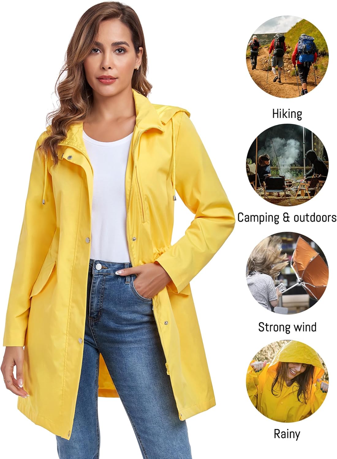 Bloggerlove Rain Jacket for Women Long Raincoat with Hood Lightweight Windbreaker Waterproof Outdoor Trench Coat - Image 6