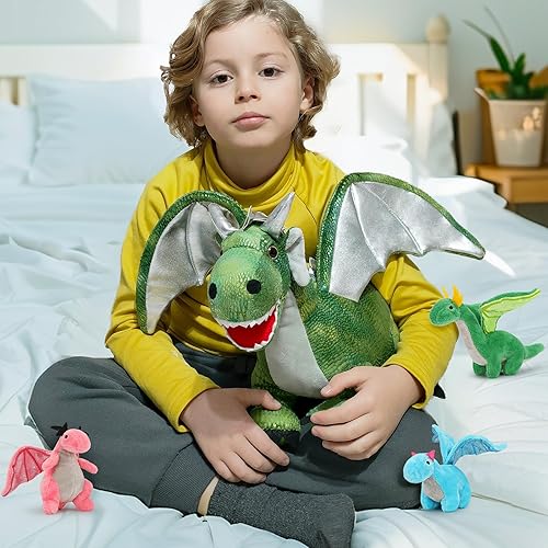 Miniatura 5 de Tezituor 7 piezas de animales de peluche de dragón, 22 pulgadas, mamá dragón de peluche con 4 dragones bebé y 2 huevos, juguetes de dragón de