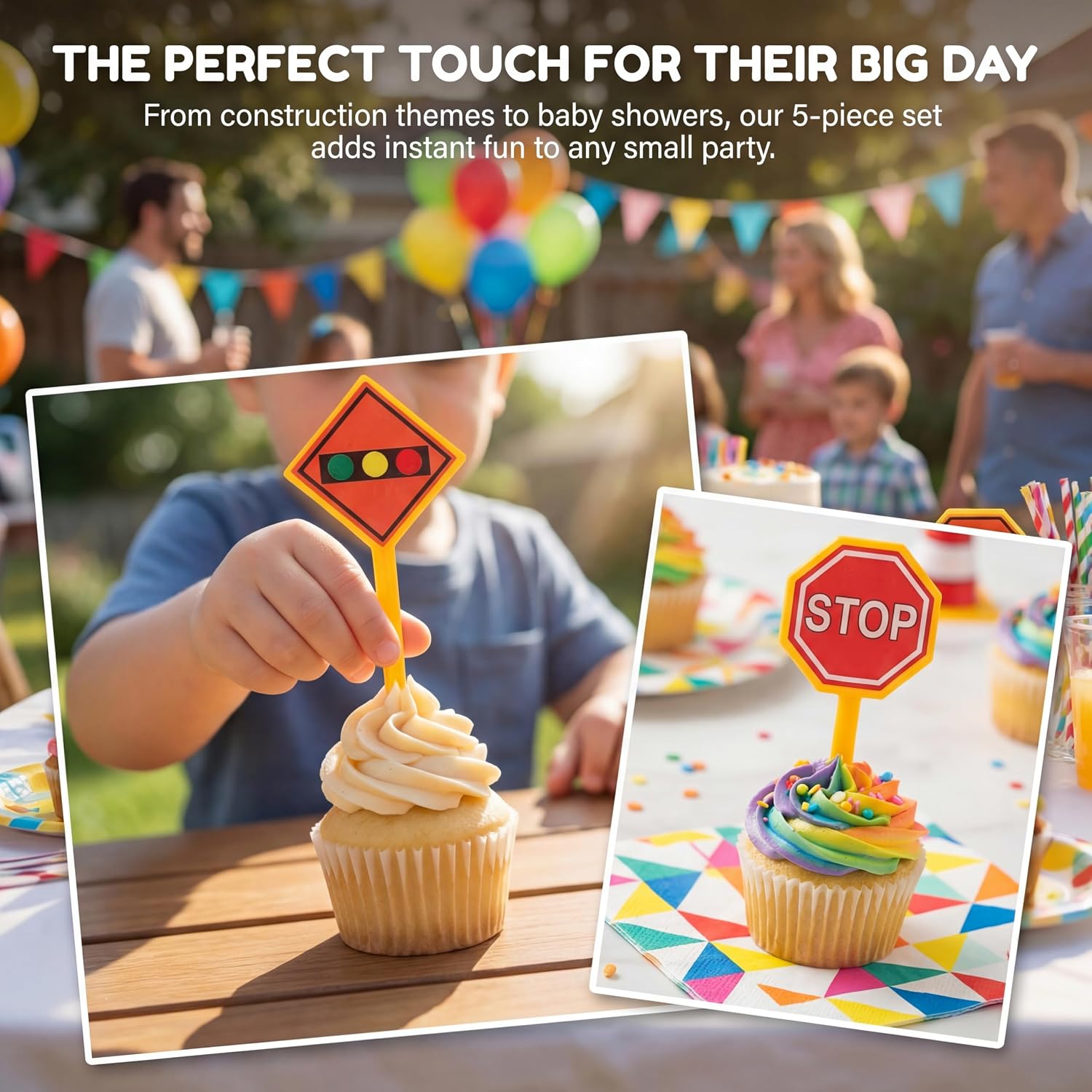 Amosfun Construction Cupcake Toppers Cake Decorations Traffic Roadblock Sign Cake Topper Mini Traffic Cones Set - Reusable Plastic Waterproof 5pcs Cupcake Picks for Kids Birthday Baby Shower Party