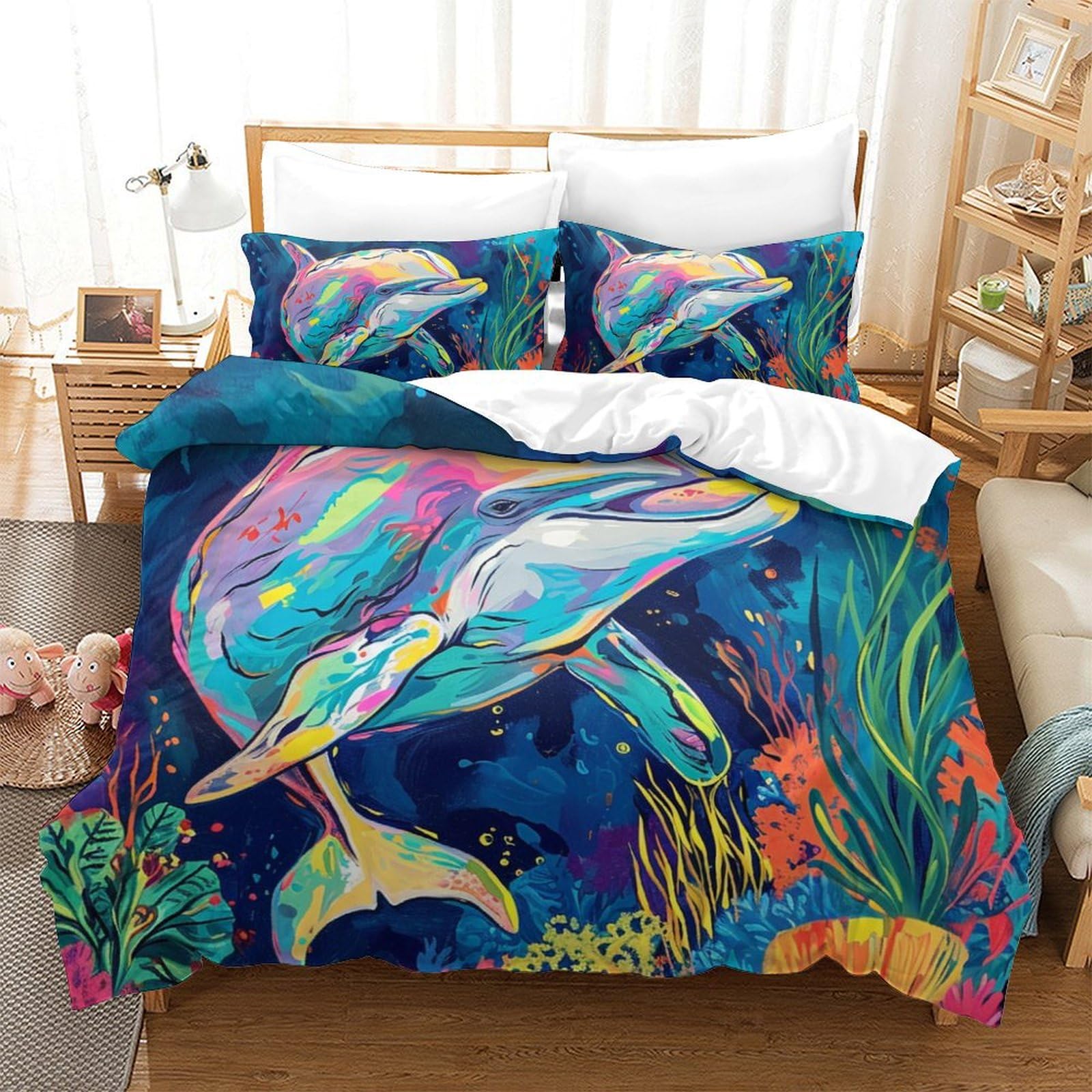 Housse de couette imprimé 3D dauphins en microfibre avec taies d'oreiller