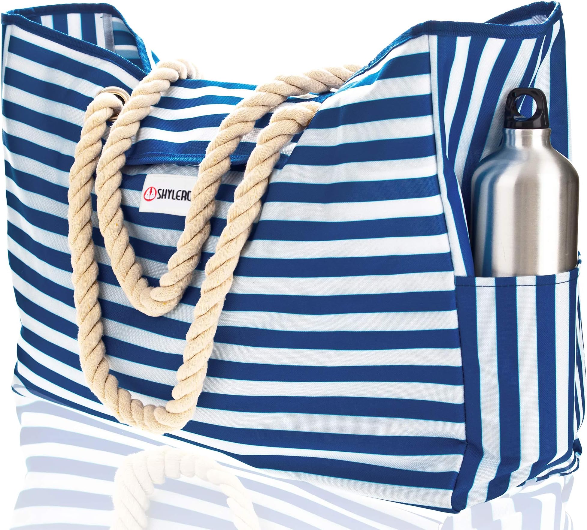 SHYLEROBeach Bag. 100% Waterproof. With Phone Case, Cotton Rope Handles, Top Magnet Clasp, Two Outside Pockets. Blue Stripes Shoulder Beach Tote has Built-In Key Holder, Bottle Opener