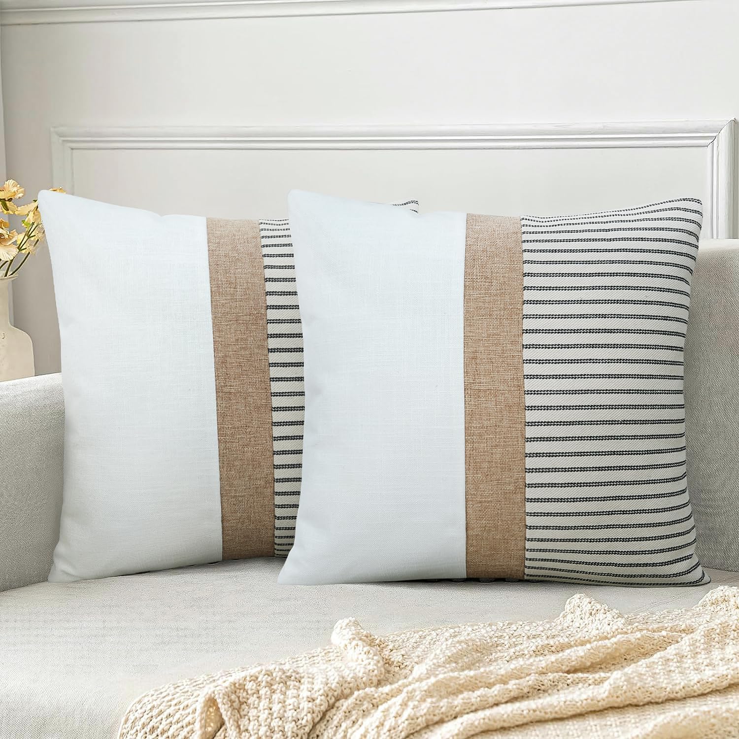 JASEN Farmhouse Pillow Covers 20x20, Modern Accent Square Throw Pillow Covers Set of 2, Black and Beige Striped Patchwork Decorative Pillow Case for