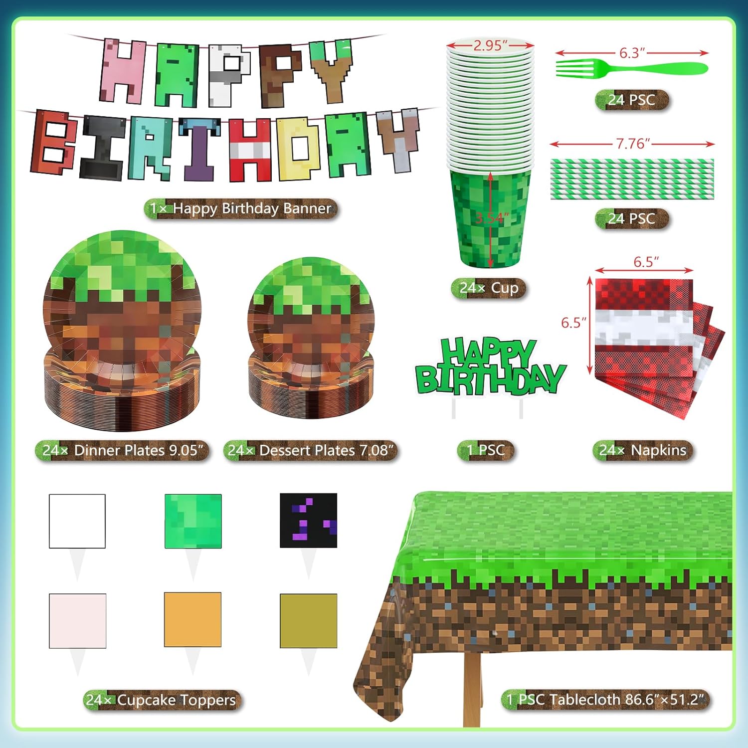 183Pcs Pixel Birthday Party Decorations, Pixel Game Theme Party Supplies Kit, Including Banner, Tablecloth,Hanging Swirls, Plates, Napkins, Cups, Forks, Cake Toppers, Drinking Straws, Serves 24 Guests