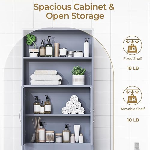 Miniatura 5 de Yaheetech Over The Toilet Storage, Taller Bathroom Organizer Space-Saving Storage Cabinet with Adjustable Shelves and Double Doors, 77 in H, Grey