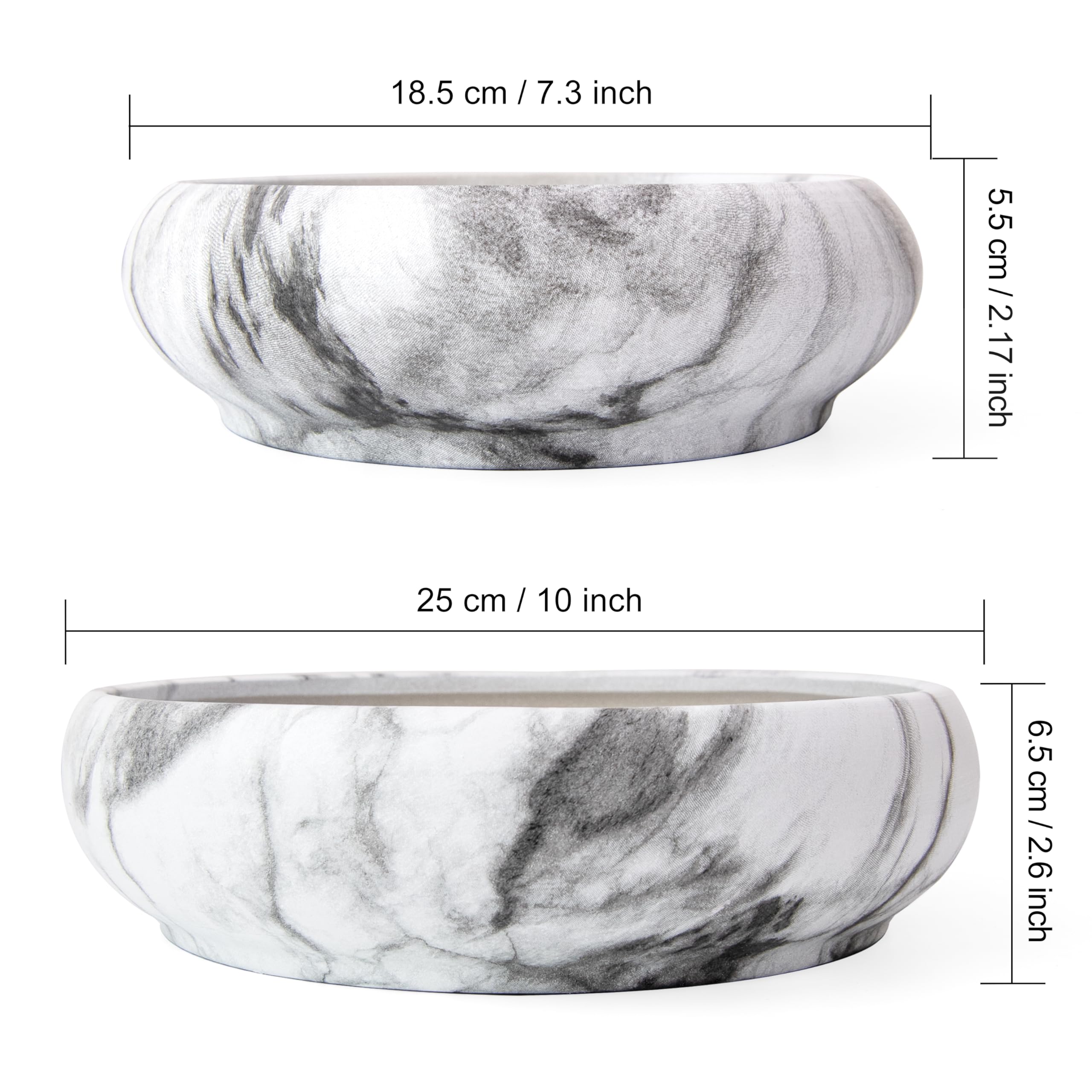 ARTKETTY Sukkulentententöpfe - 18,5 cm große Blumentöpfe, 2er-Set, flache Bonsai-Töpfe mit Drainageschale, Keramik-Pflanzgefäße für den Innenbereich, Kaktus, Marmor, Blume, Pflanzgefäß, Schale