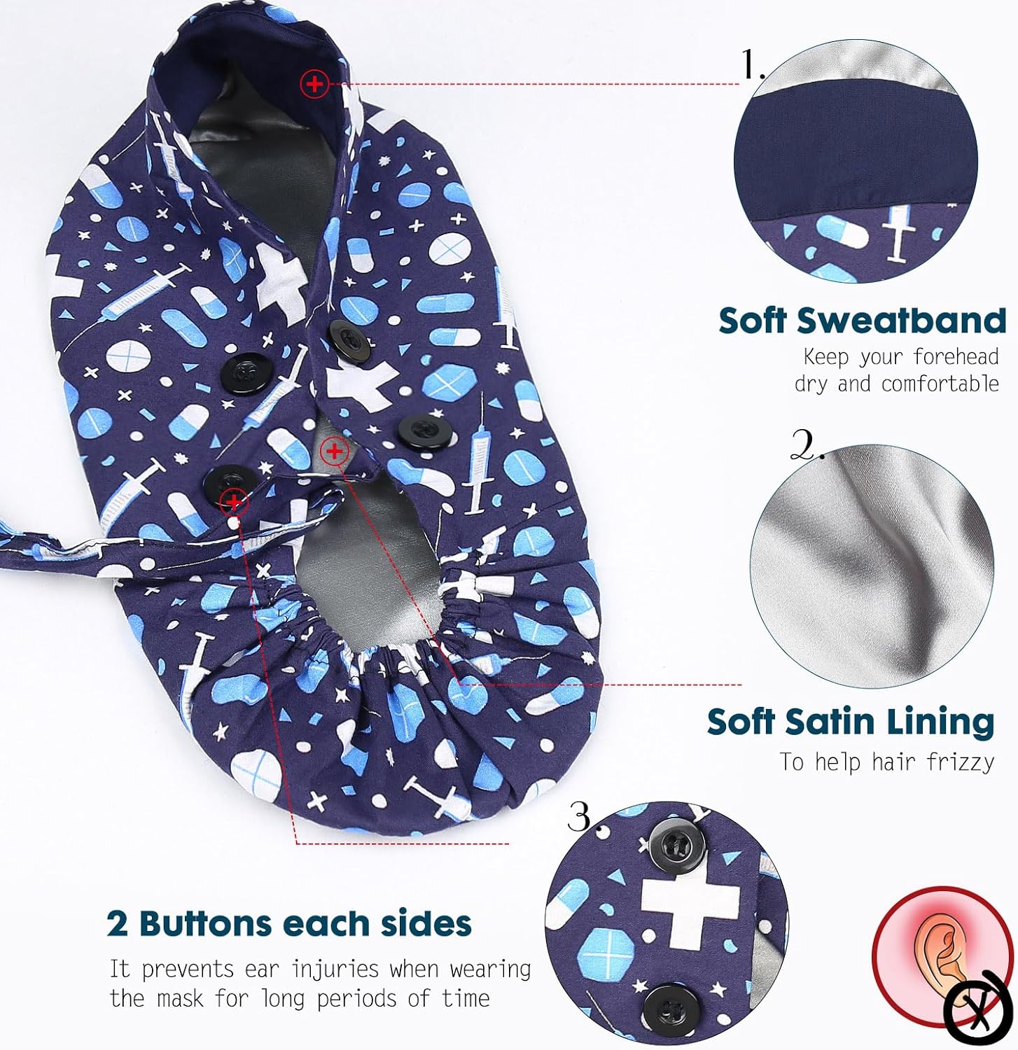 Satin Lined Scrub Caps with Buttons & Sweathand, Surgical Caps for Women