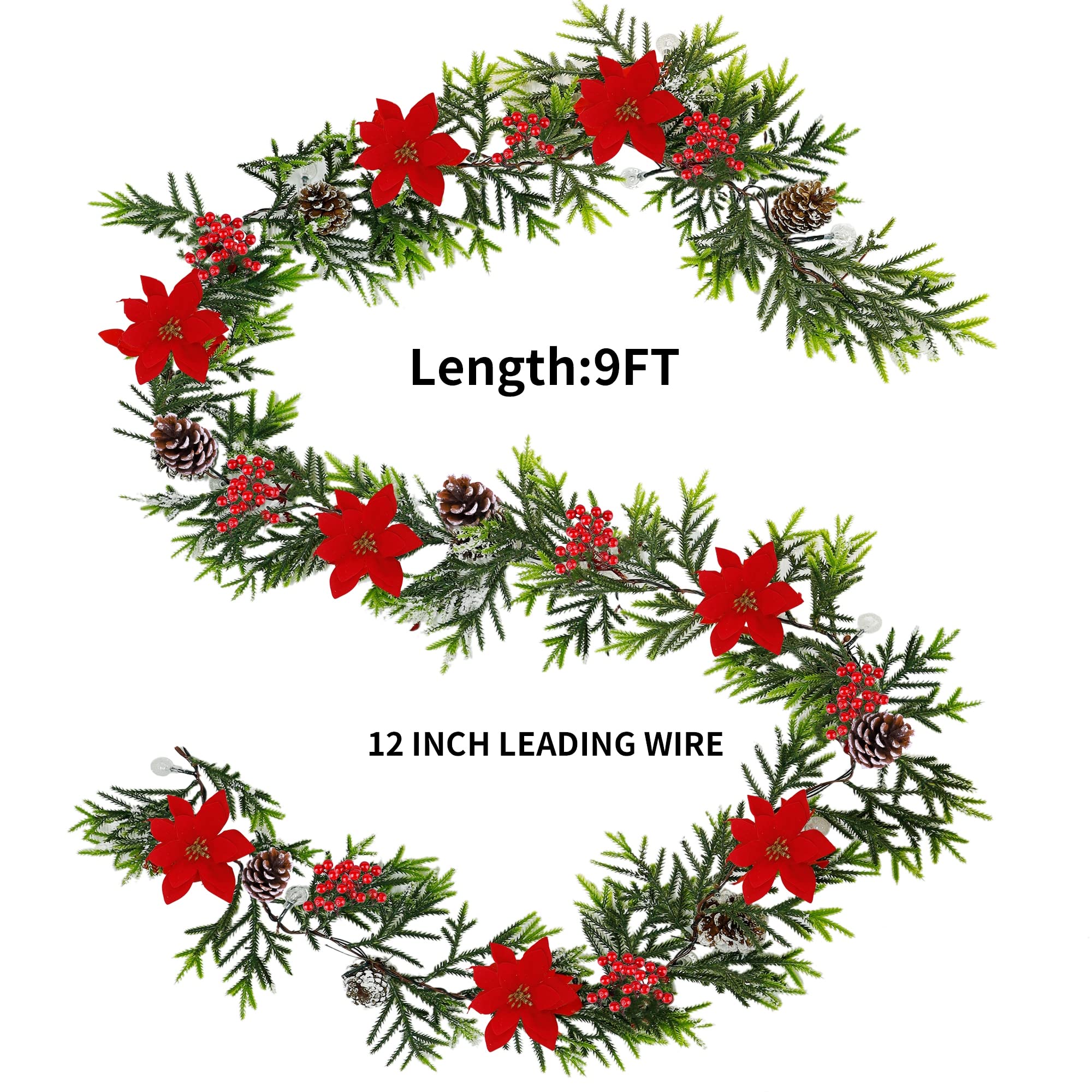 Juegoal YO-TTSZ-2 Weihnachtsgirlande, 2,7 m, beleuchtete künstliche Weihnachtsgirlanden, beleuchteter Weihnachtsstern, Fichten-Timer, batteriebetrieben, mit Lichtern, Garten, Zuhause, Winter, Neujahr,